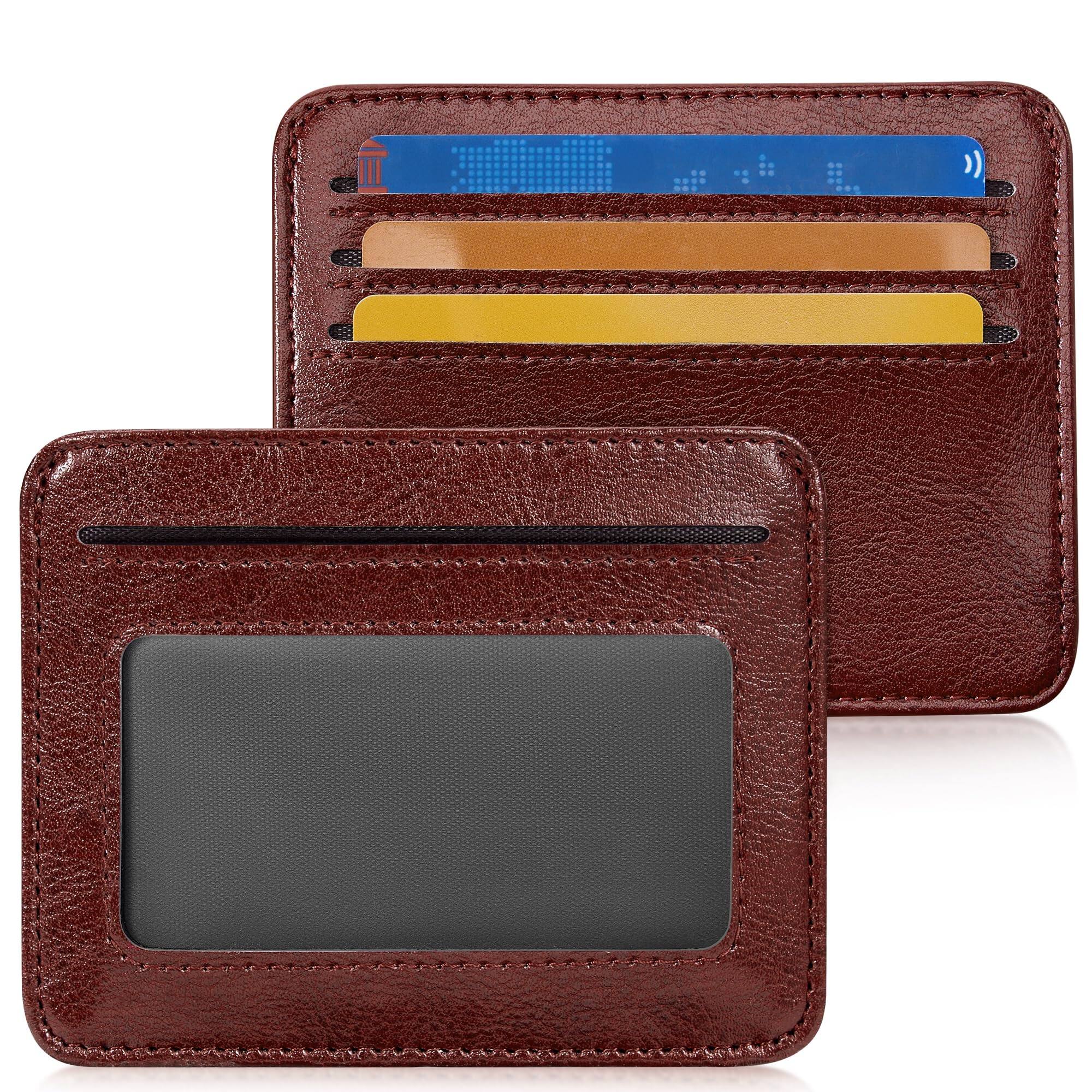 Front. Jadie Link - Credit Card Holder Women Minimalist Wallet Rfid Blocking Wallets Cases Small Window Men Black Four-slot Card Holder - Vintage Brown.