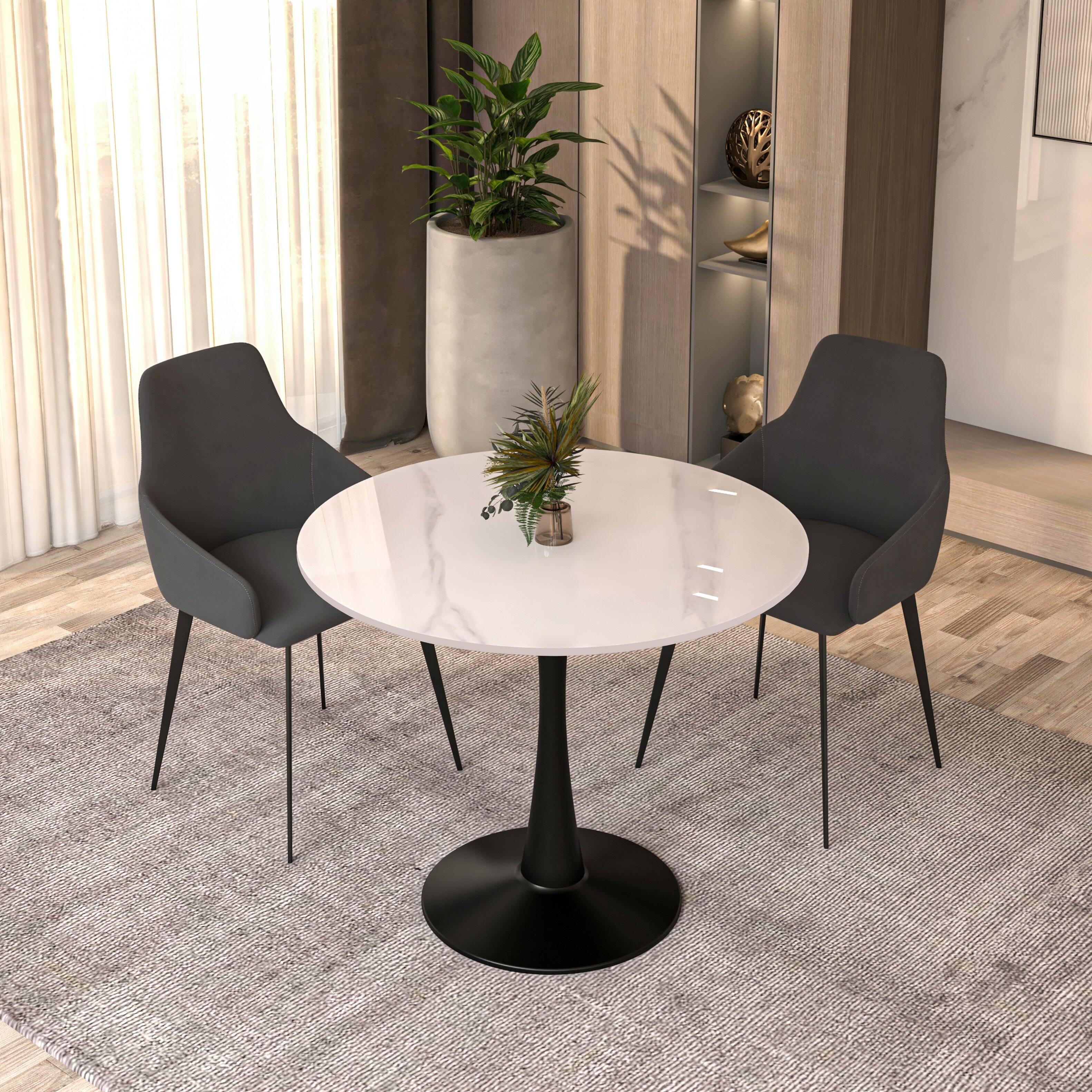 Angle. LeisureMod - Bristol Contemporary 35" Round Glossy Dining Table - Minimalist Pedestal Wood & Metal Kitchen Table - Stone - White.