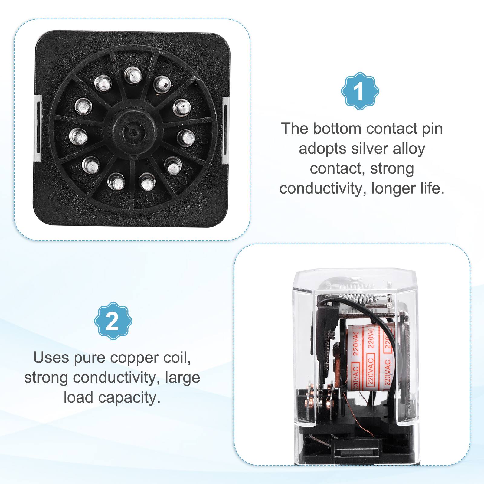 1. The bottom contact pin adopts silver alloy contact, strong conductivity, longer life.
2. Uses pure copper coil, strong conductivity, large load capacity.
220VAC 220VAC 220VAC 220VAC 220 220VAC