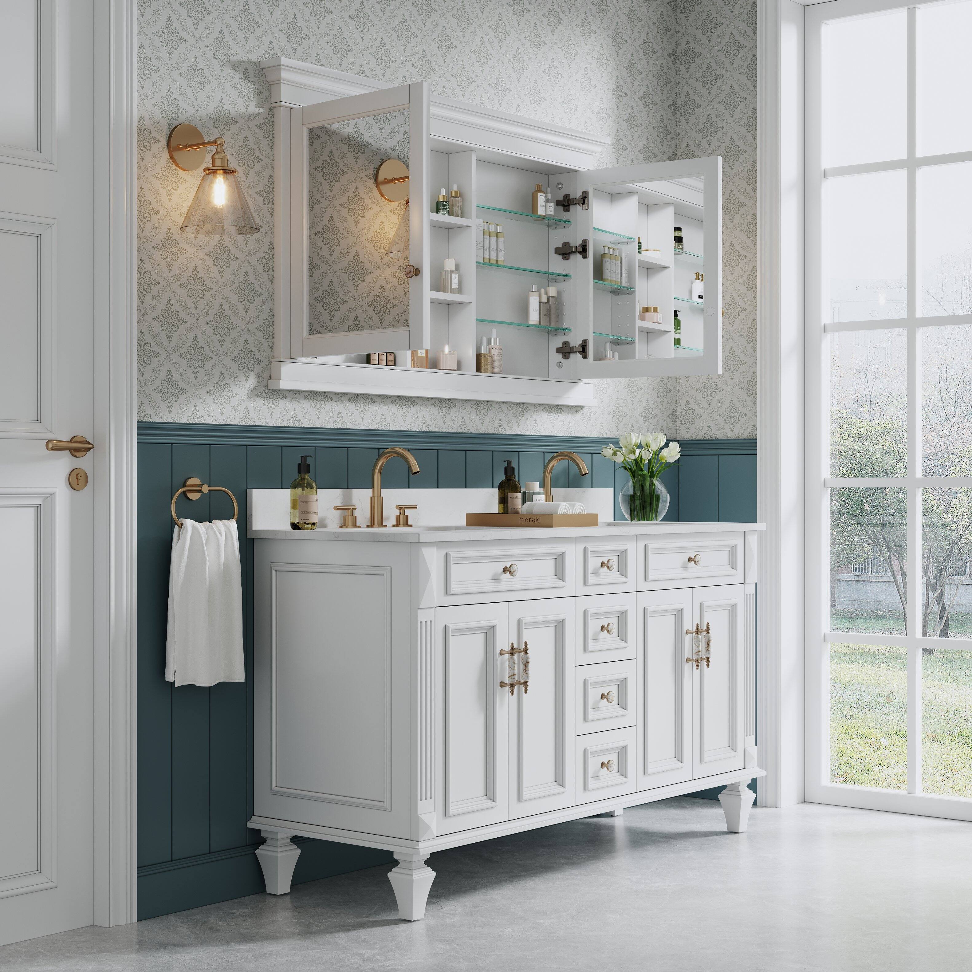 Alt View 2. WELLFOR - 55-Inch W x 32-Inch H Recessed Solid Rubberwood Medicine Cabinet with Mirrored Door - White.