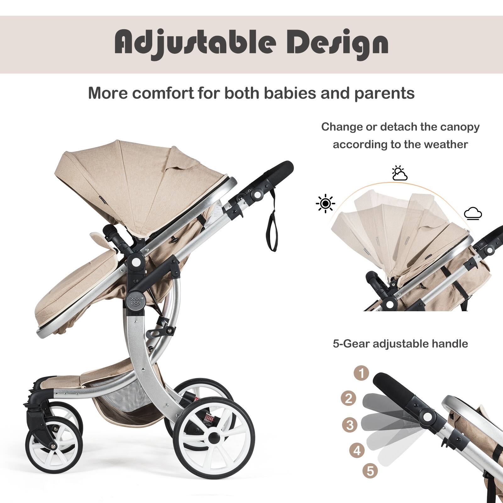 Adjustable Design

More comfort for both babies and parents

Change or detach the canopy according to the weather

5-Gear adjustable handle

1 2 3 4 5
