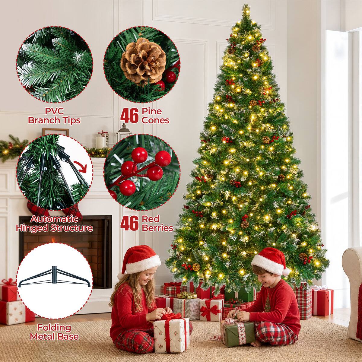 PVC Branch Tips  
46 Pine Cones  
Automatic Hinged Structure  
46 Red Berries  
Folding Metal Base