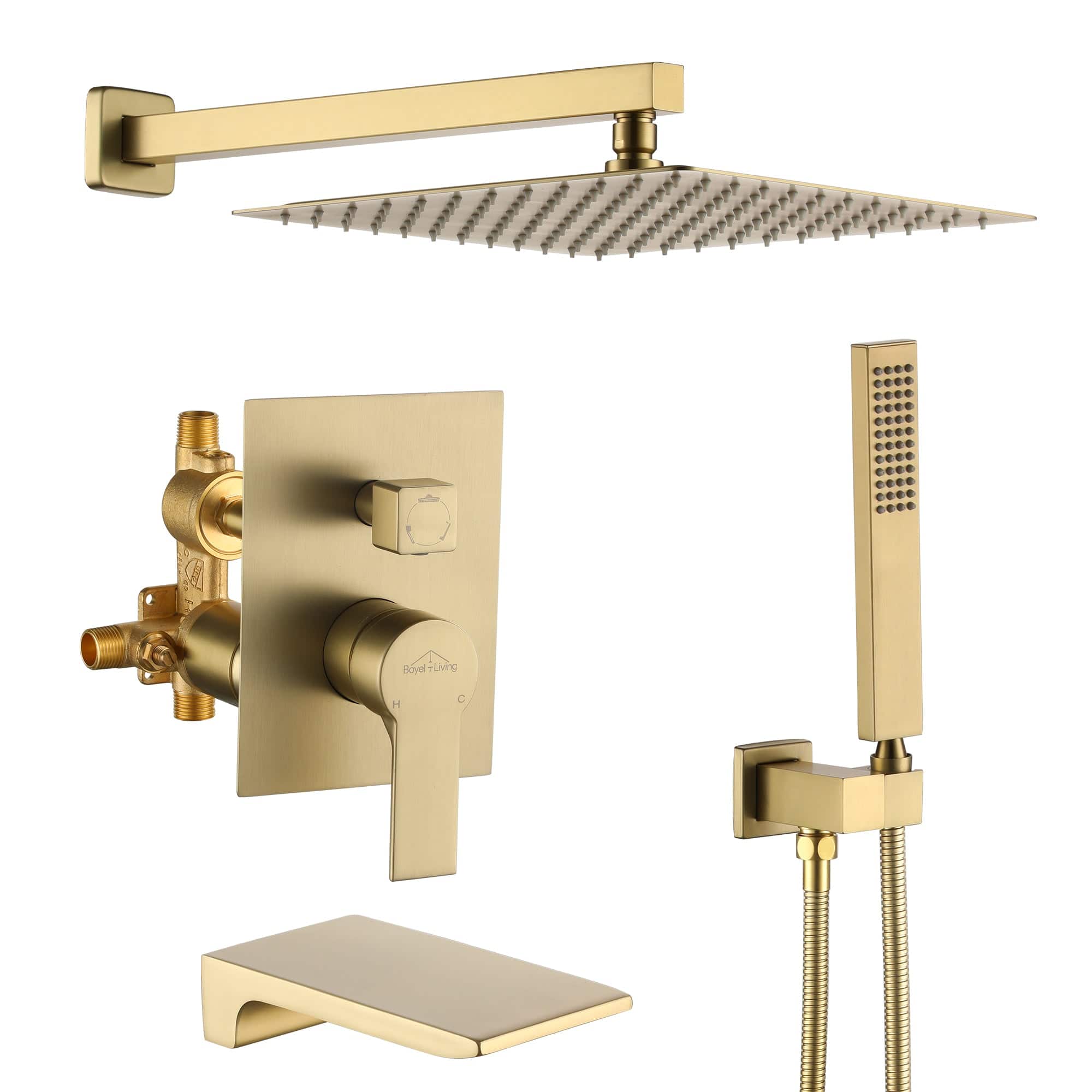 Boyel Living - Wall Mount Single-Handle 1-Spray Tub and Shower Faucet with 12 in. Fixed Shower Head (Valve Included) - Brushed Gold