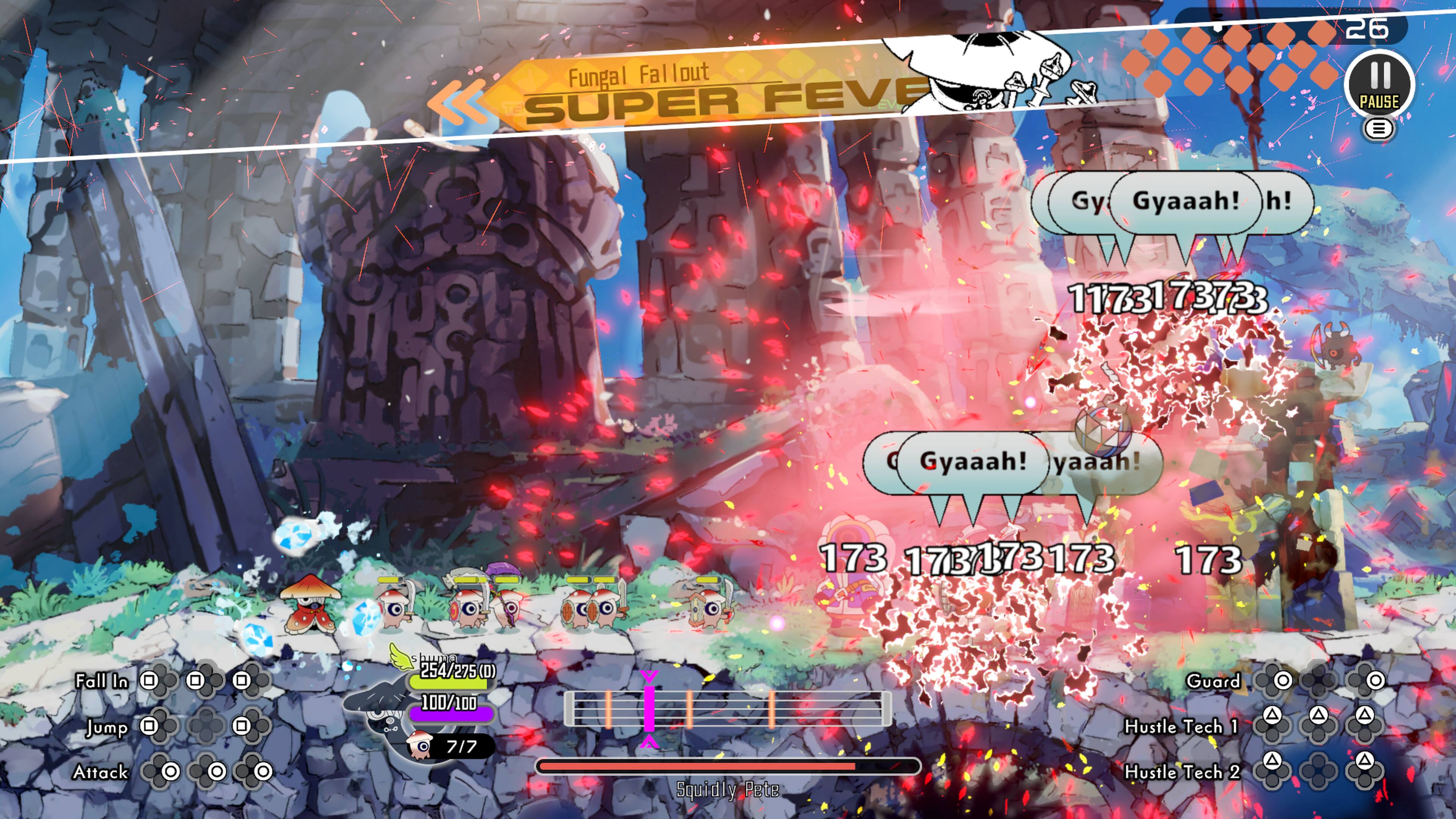Fungal Fallout  
SUPER FEVE  

26 PAUSE  

Gy Gyaaah! h!  
11731 73733  
Gyaaah! yaaah!  
173 17B 17B 173 173 173  

Fall In Jump Attack  
254/275 (D)  
100/100  
7/7  

Squidly Pete  
Guard  
Hustle Tech 1  
Hustle Tech 2  

A A A