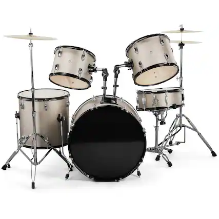 Front. Stock Preferred - 5-Piece Full Size Adult Drum Set with 22" Bass, Throne & Cymbals – Complete Kit - Silver.