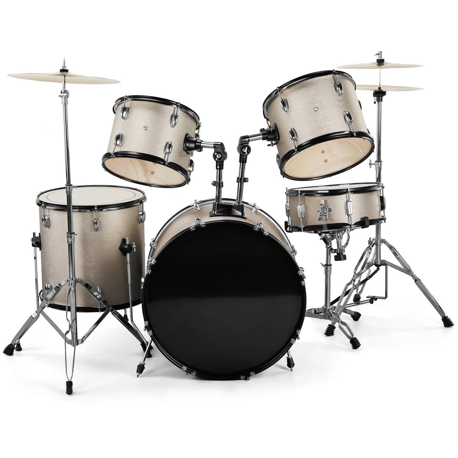 Stock Preferred - 5-Piece Full Size Adult Drum Set with 22" Bass, Throne & Cymbals – Complete Kit - Silver