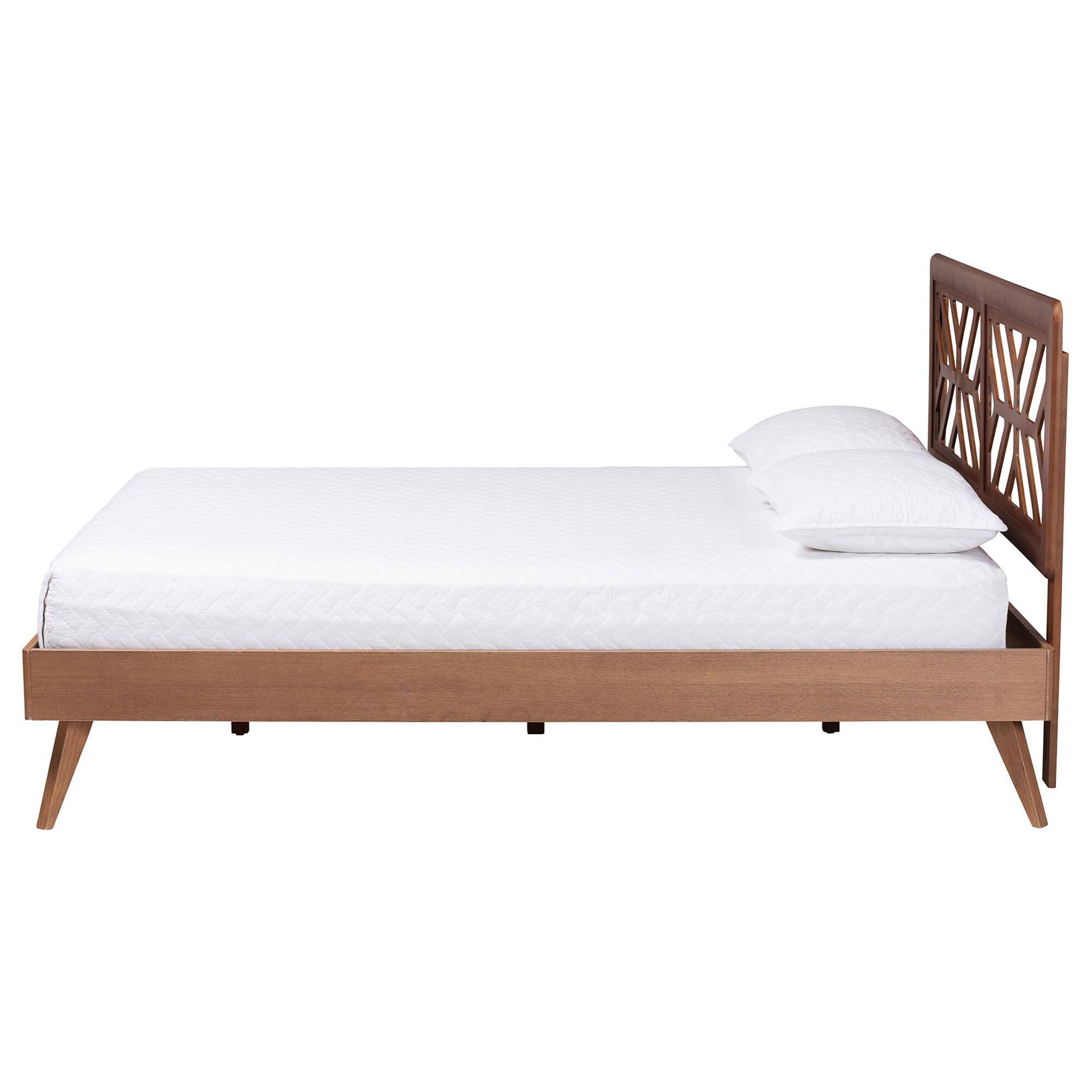 Angle. Baxton Studio - Kirabo Platform Bed - Mid-Century Modern Bed with Cutout Headboard and Rounded Legs for Modern or Boho Bedrooms, Queen - Ash Walnut.