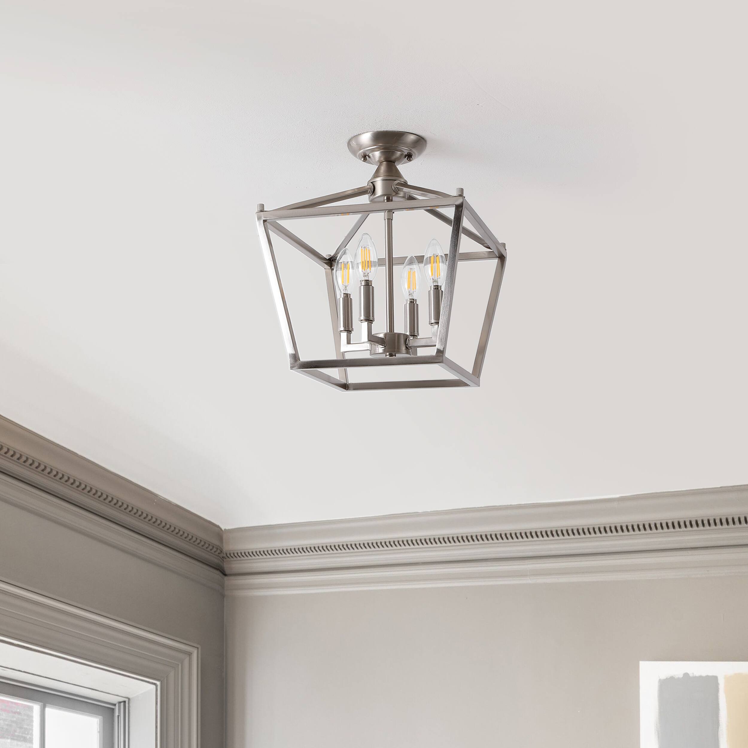 Alt View 5. Jonathan Y - Plains 12" 4-Light Modern Farmhouse Metal Open-Frame Pagoda LED Semi Flush Mount Mini Lantern, Nickel - Nickel.