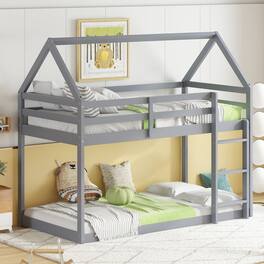 Spaco - Twin over Twin Bunk Bed with Ladder, Rubber Wood Floor, Guardrails, House-Shaped-Bunk Bed, for Bedroom Kids Room - Gray
