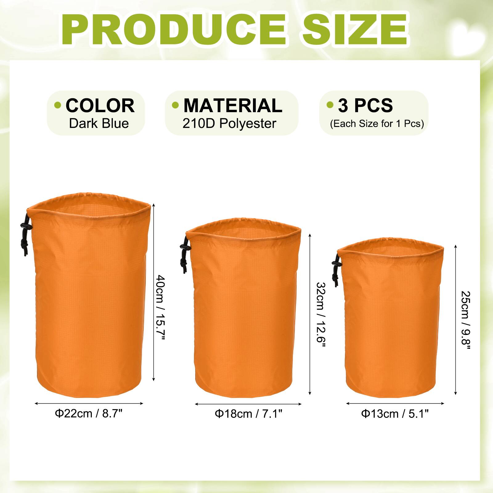 PRODUCE SIZE

- COLOR: Dark Blue
- MATERIAL: 210D Polyester
- 3 PCS (Each Size for 1 Pcs)

- 22cm / 8.7" x 40cm / 15.7"
- 18cm / 7.1" x 32cm / 12.6"
- 13cm / 5.1" x 25cm / 9.8"