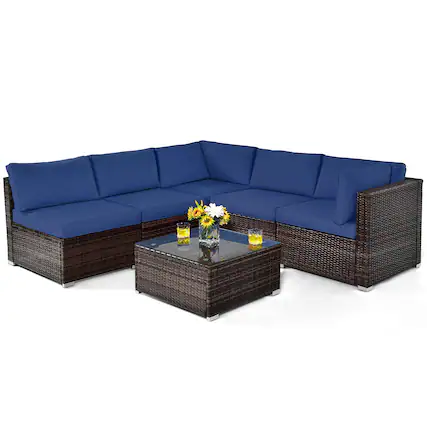 Front. Costway - 6PCS Patio Rattan Furniture Set Cushioned Sofa Coffee Table - Navy.
