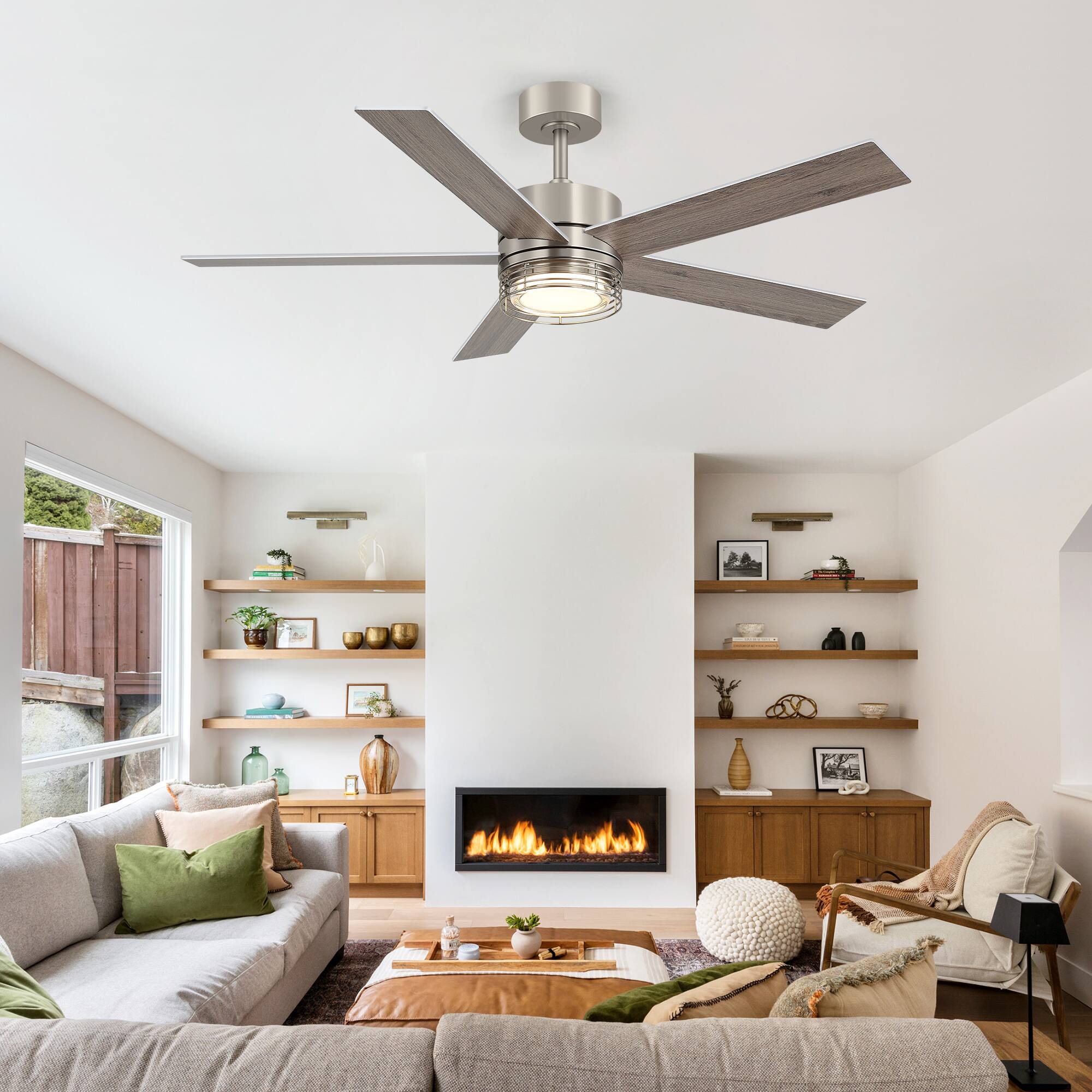 Alt View 1. Breezary - 52-Inch LED Ceiling Fan with 5 Reversible Blades, Dimmable 3-Color Light, Quiet DC Motor & Remote, 6&10" Downrods - 52-Inch Brushed Nickel.