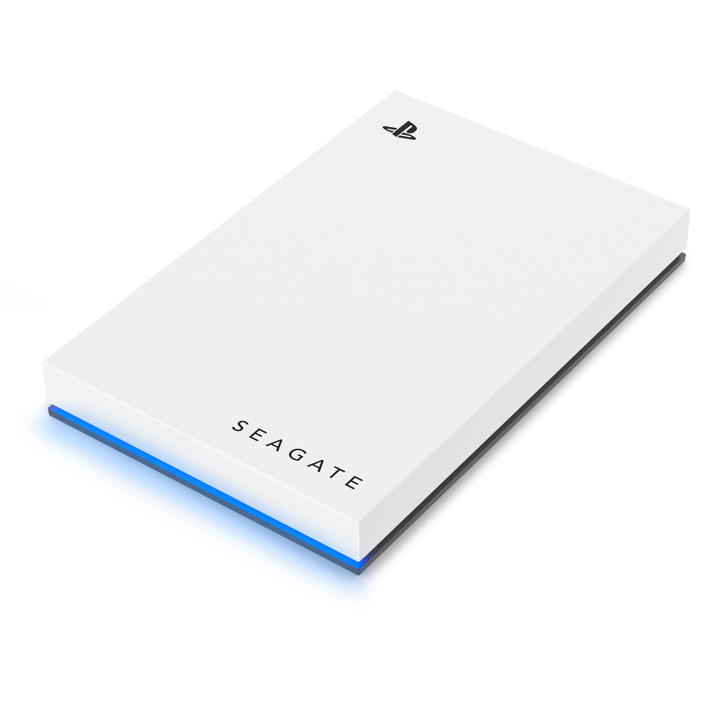 Left. Seagate - Game Drive for PlayStation Consoles 2TB External USB 3.2 Gen 1 Portable Hard Drive with Blue LED Lighting - White.