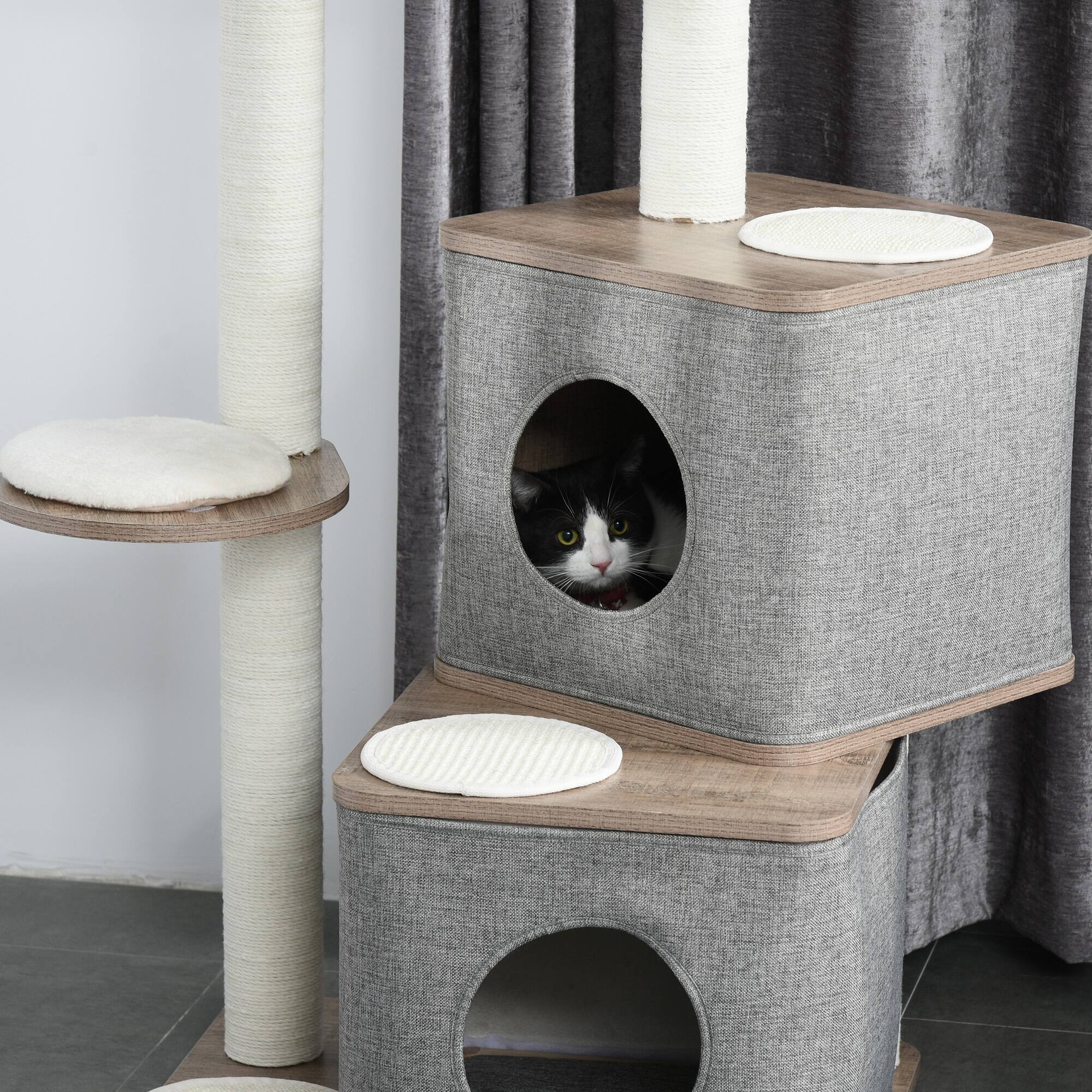 Alt View 4. Pawhut - 44" H Feline Cat Tower Tree House with Sisal Scratching Posts, Soft Relaxing Cushions, & Many Perches/Condos - Brown, Grey and White.