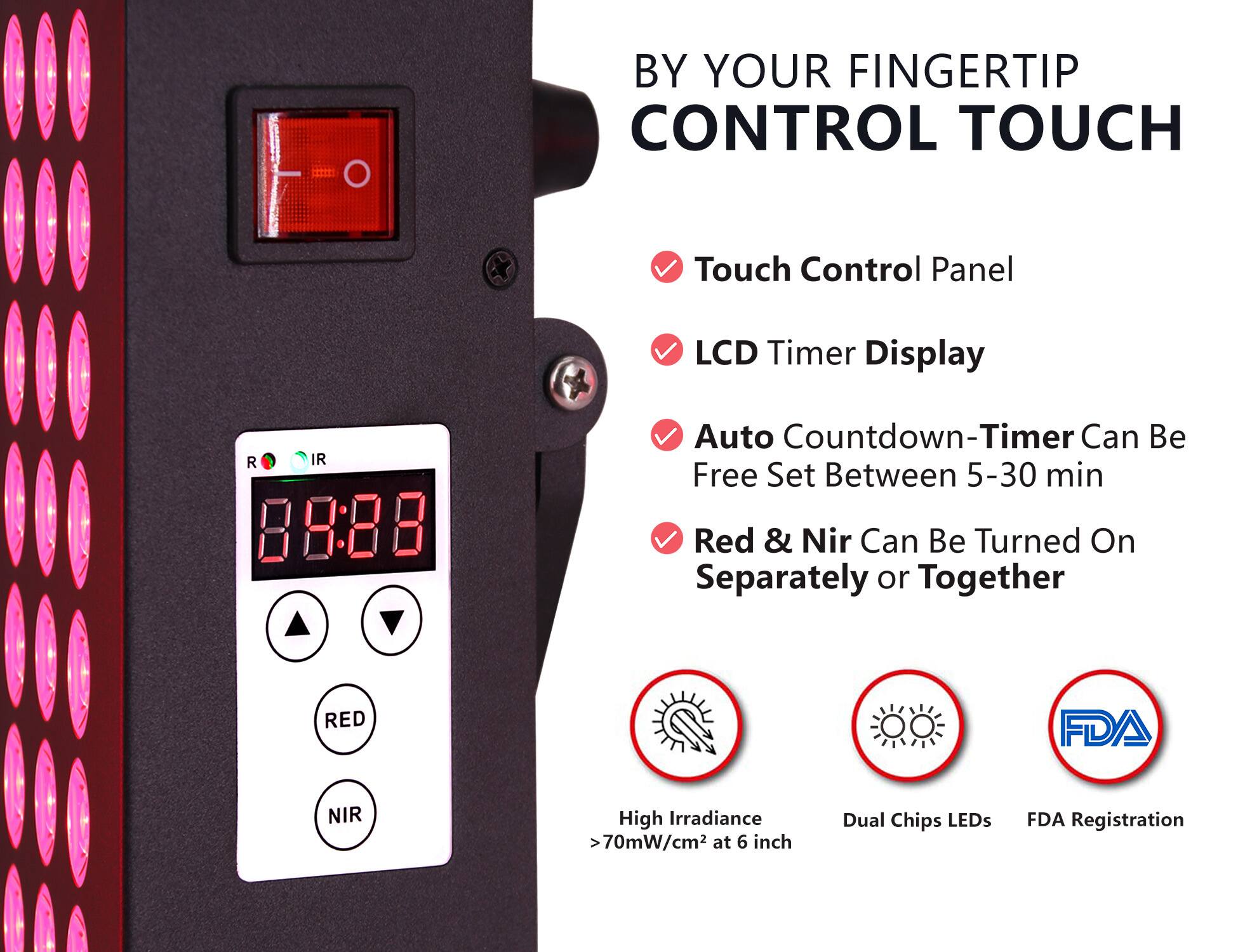 BY YOUR FINGERTIP CONTROL TOUCH

- Touch Control Panel
- LCD Timer Display
- Auto Countdown-Timer Can Be Free Set Between 5-30 min
- Red & NIR Can Be Turned On Separately or Together

- High Irradiance >70mW/cm² at 6 inch
- Dual Chips LEDs
- FDA Registration