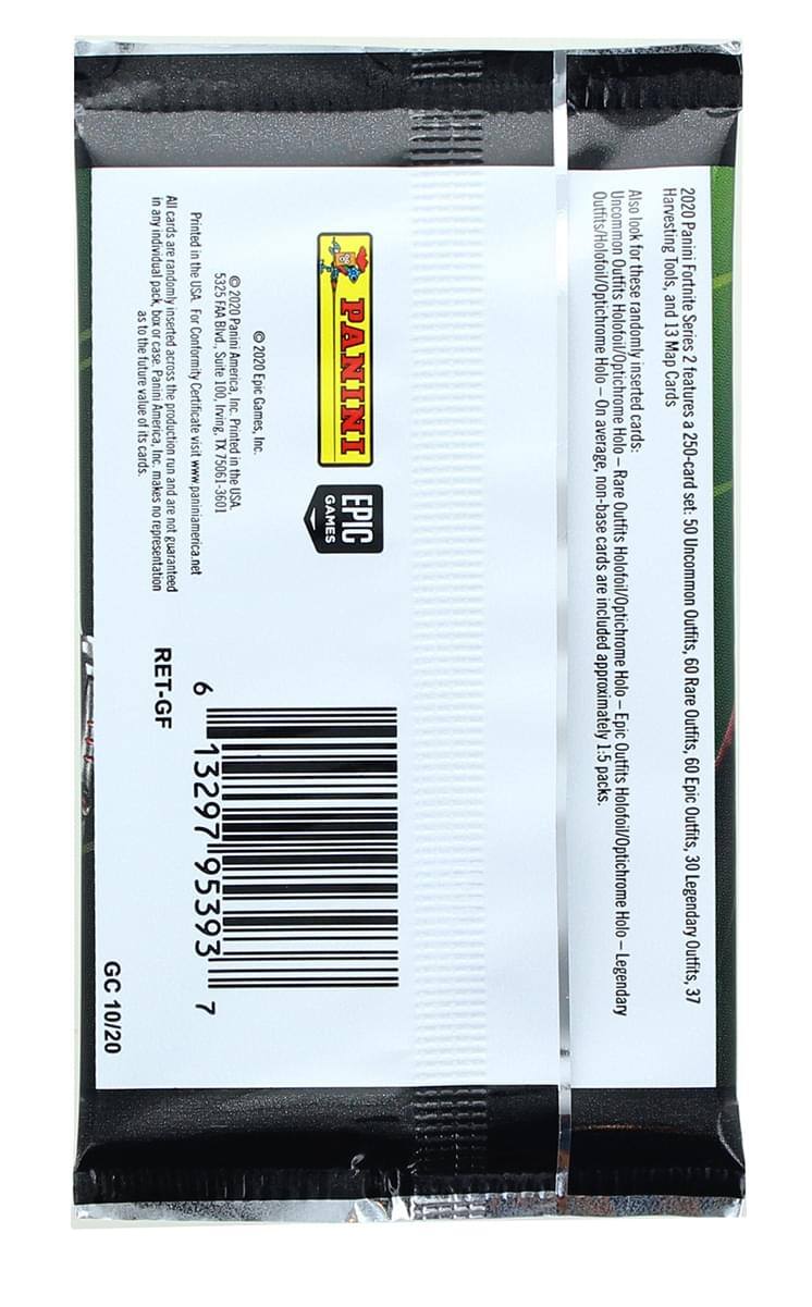 Sure, here is the corrected and grouped text from the image:

---

**Panini**

**Epic Games**

**2020 Panini Fortnite Series 2**

**Harvesting Panini Fortnite Series 2 features a 250-card set:**

- 50 Uncommon Outfits
- 60 Rare Outfits
- 60 Epic Outfits
- 30 Legendary Outfits
- 37 Holofoil/Optichrome Outfits

**Also look for Holofoil/Optichrome Outfits randomly inserted:**

- Rare Outfits: 60 Rare Outfits, 60 Epic Outfits, 30 Legendary Outfits
- Legendary Outfits: 37

**Outfits/Holofoil/Optichrome Outfits:**

- Uncommon Outfits: 50 Uncommon Outfits
- Rare Outfits: 60 Rare Outfits
- Epic Outfits: 60 Epic Outfits
- Legendary Outfits: 30 Legendary Outfits

**Holofoil/Optichrome Outfits:**

- Rare Outfits: 60 Rare Outfits
- Epic Outfits: 30 Epic Outfits
- Legendary