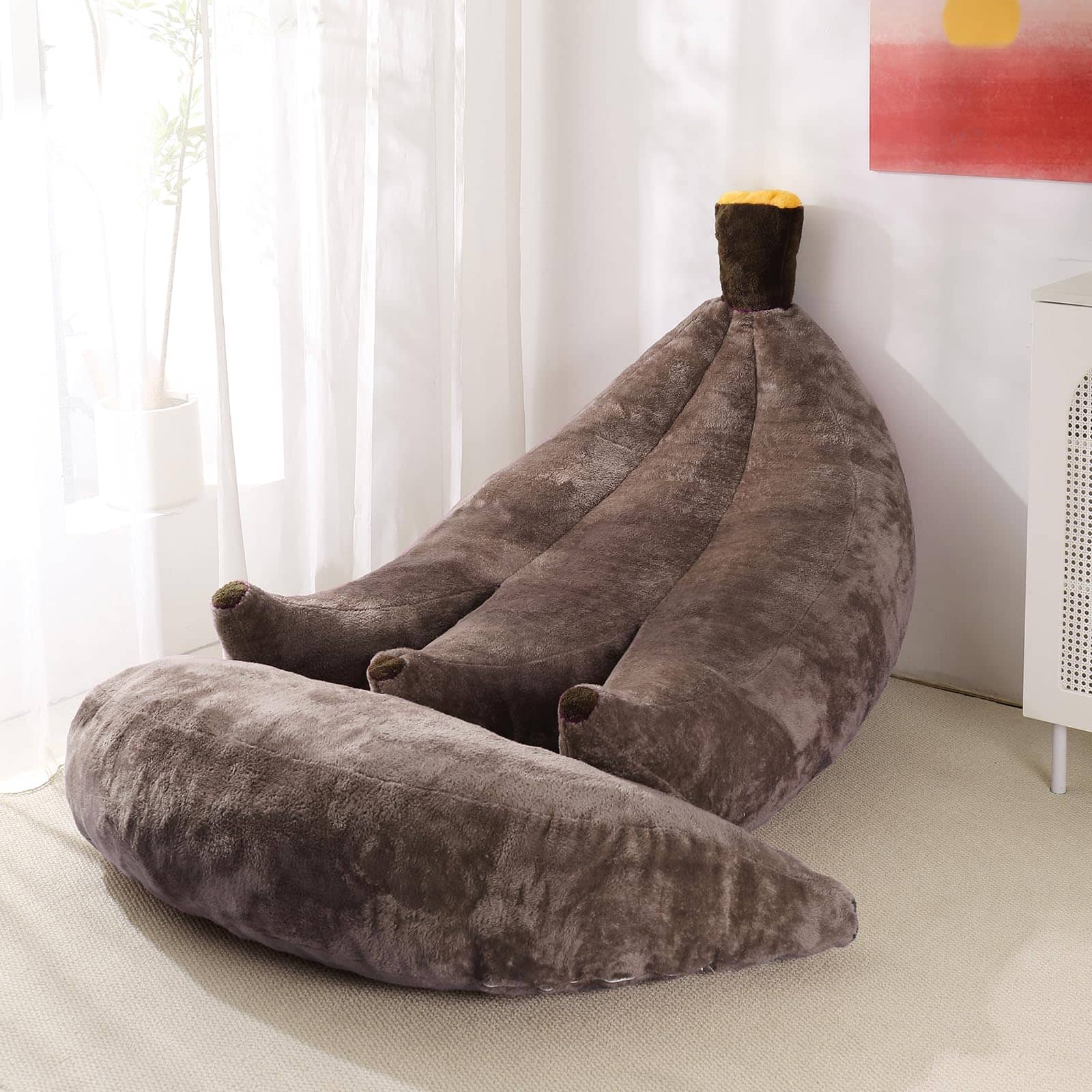 PO3TICJUNKI3- Banana Bean Bag Chair With Ottoman Floor Sofa Bed Footrest Comfy Convertible Lounger For Adults Plush Couch- Coffee