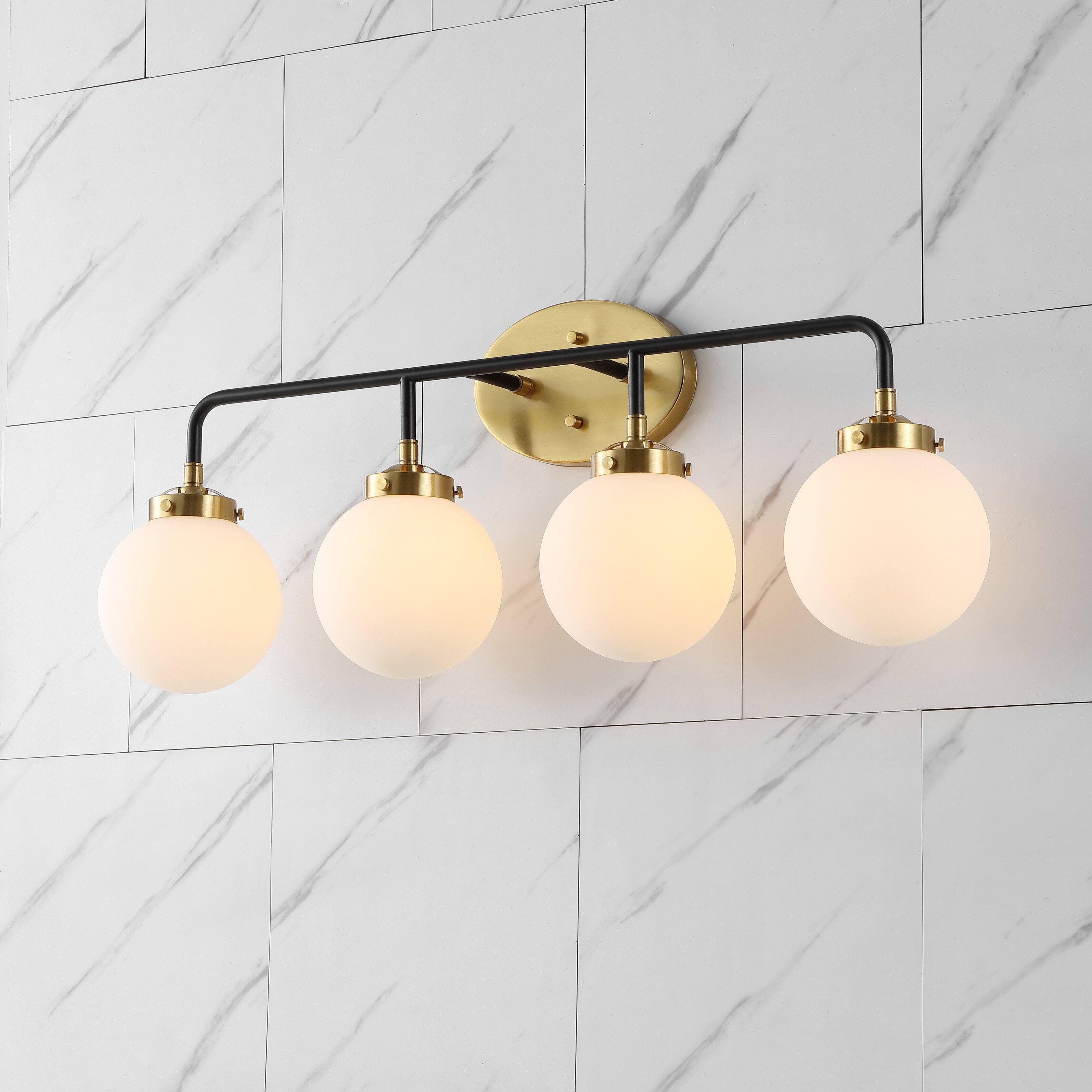 Alt View 1. Jonathan Y - Caleb 30.75" 4-Light Contemporary Transitional Iron/Glass LED Vanity Light, Brass Gold/Black - Brass Gold/Black.