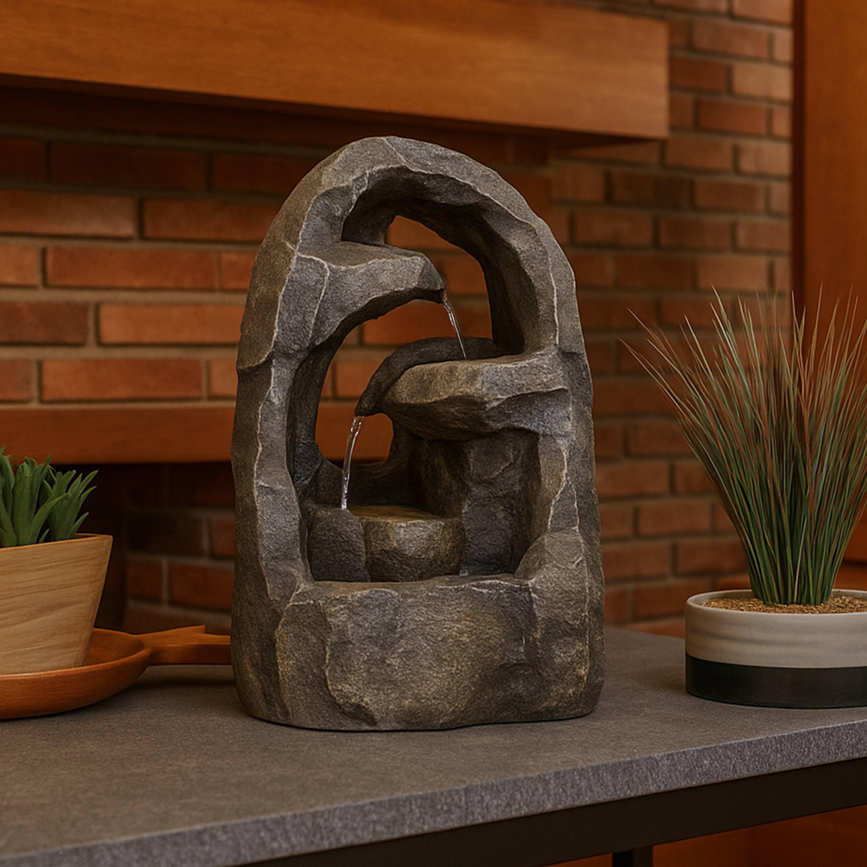 Alt View 9. Sunnydaze - Cavernous Rock Tiers Resin Indoor Water Fountain - 12 in - Grey.
