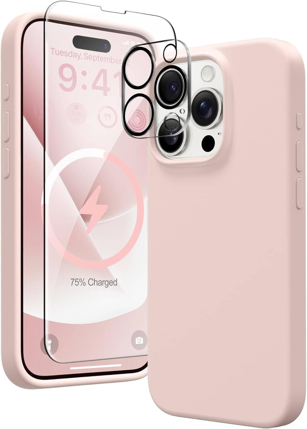 Entronix - iPhone 14 Pro Bundle - Liquid Silicone Case with Screen & Camera Lens Protectors - Rose Gold