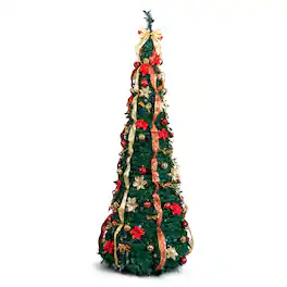 VAVSEA - 7 ft Fully Decorated Pre-Lit Pop Up Christmas Tree with 200 Warm Lights, Remote & Red Gold Ornaments for Holidays - Green