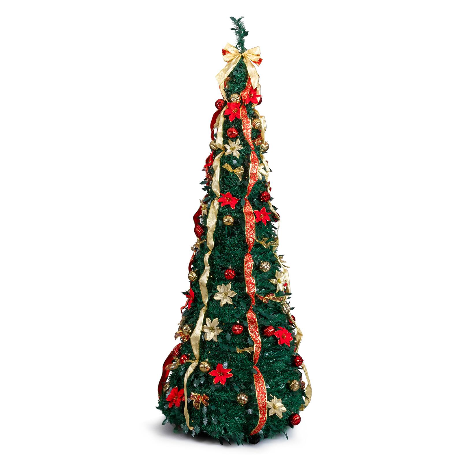Front. VAVSEA - 7 ft Fully Decorated Pre-Lit Pop Up Christmas Tree with 200 Warm Lights, Remote & Red Gold Ornaments for Holidays - Green.