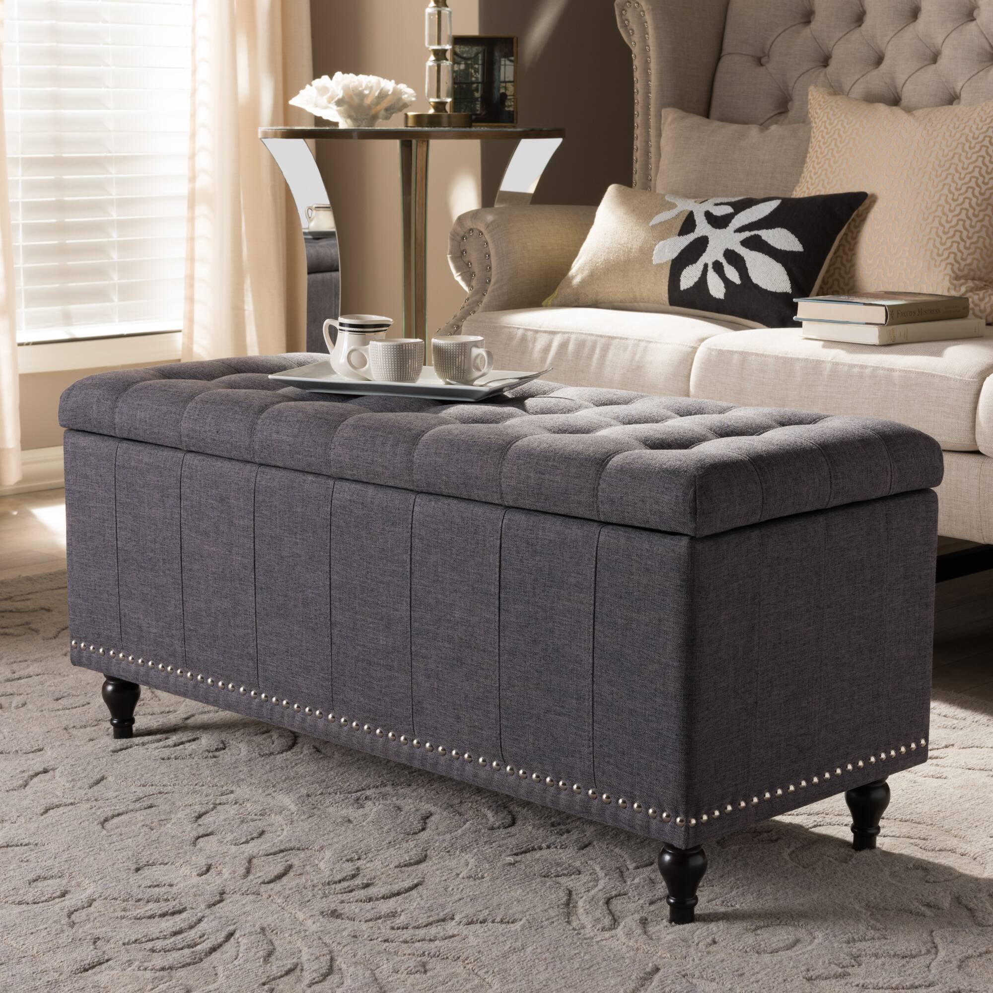 Alt View 4. Baxton Studio - Kaylee Modern Classic Fabric Upholstered Button-Tufting Storage Ottoman Bench - Dark Grey.