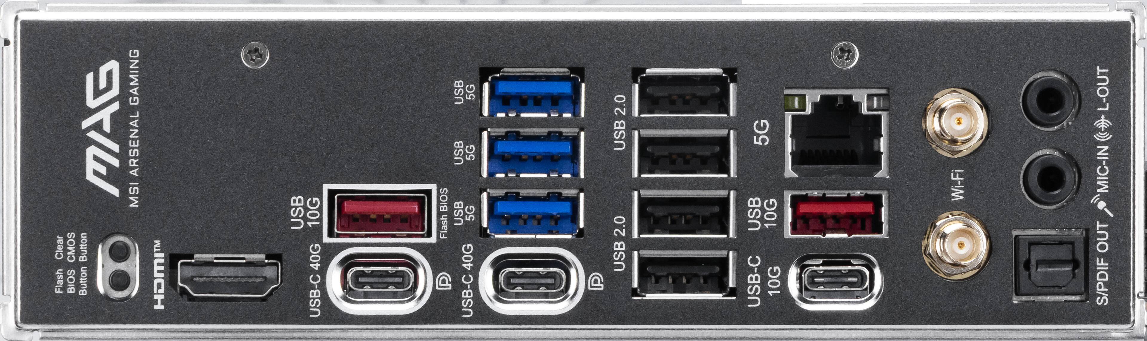 MSI ARSENAL GAMING

- Clear CMOS Button
- Flash BIOS Button

HDMI

USB 10G
USB 40G
USB-C
USB 5G
USB 5G
USB 5G
USB 10G
USB-C
USB 10G

Wi-Fi

L-OUT
MIC-IN
S/PDIF OUT