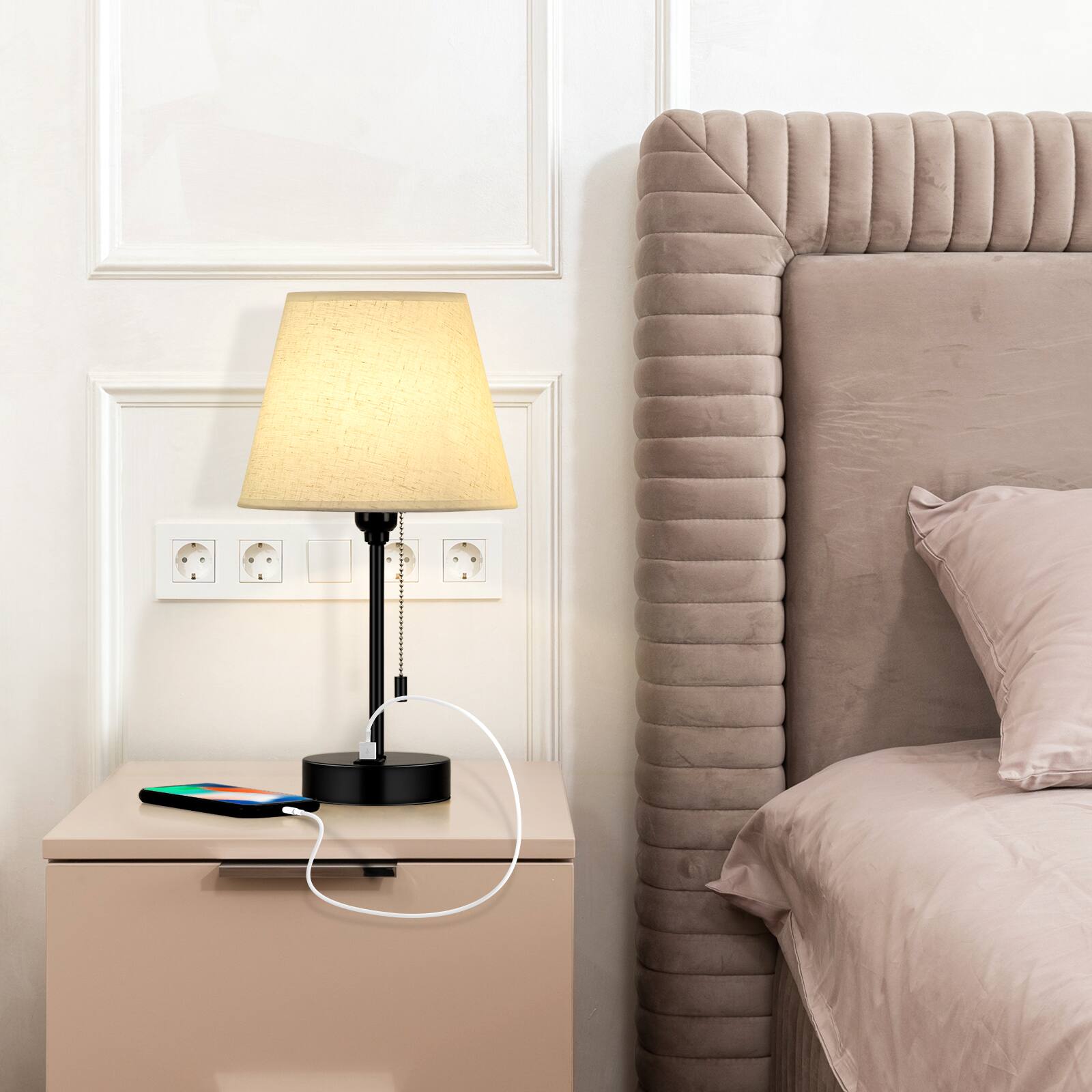 Oumilen 15.4in Table Lamp Set of 2 – Beige Linen Shade, Black Metal ...