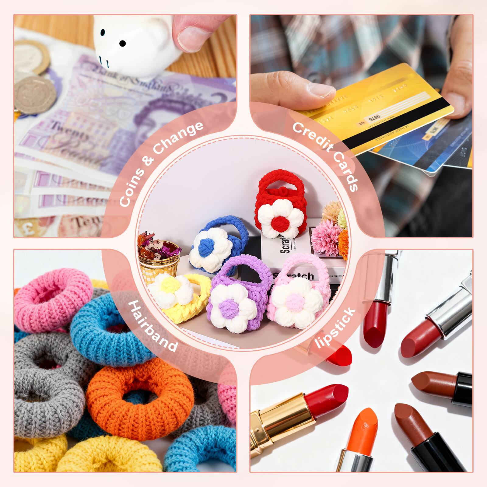 Coins & Change  
Credit Cards  
Hairband  
Lipstick