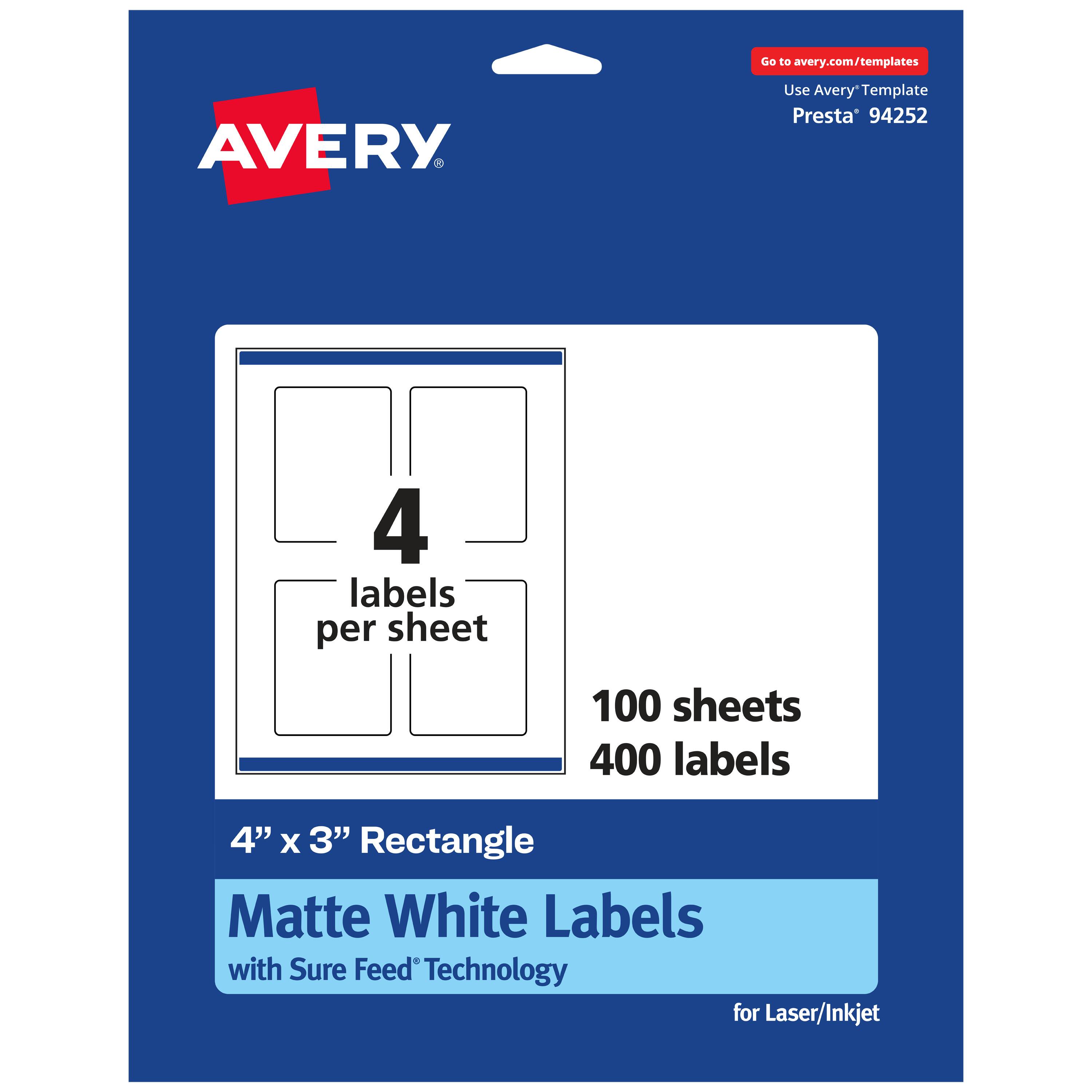Go to avery.com/templates

AVERY

Use Avery™ Template Presta® 94252

4 labels per sheet

100 sheets

400 labels

4" x 3" Rectangle Matte White Labels with Sure Feed® Technology for Laser/Inkjet