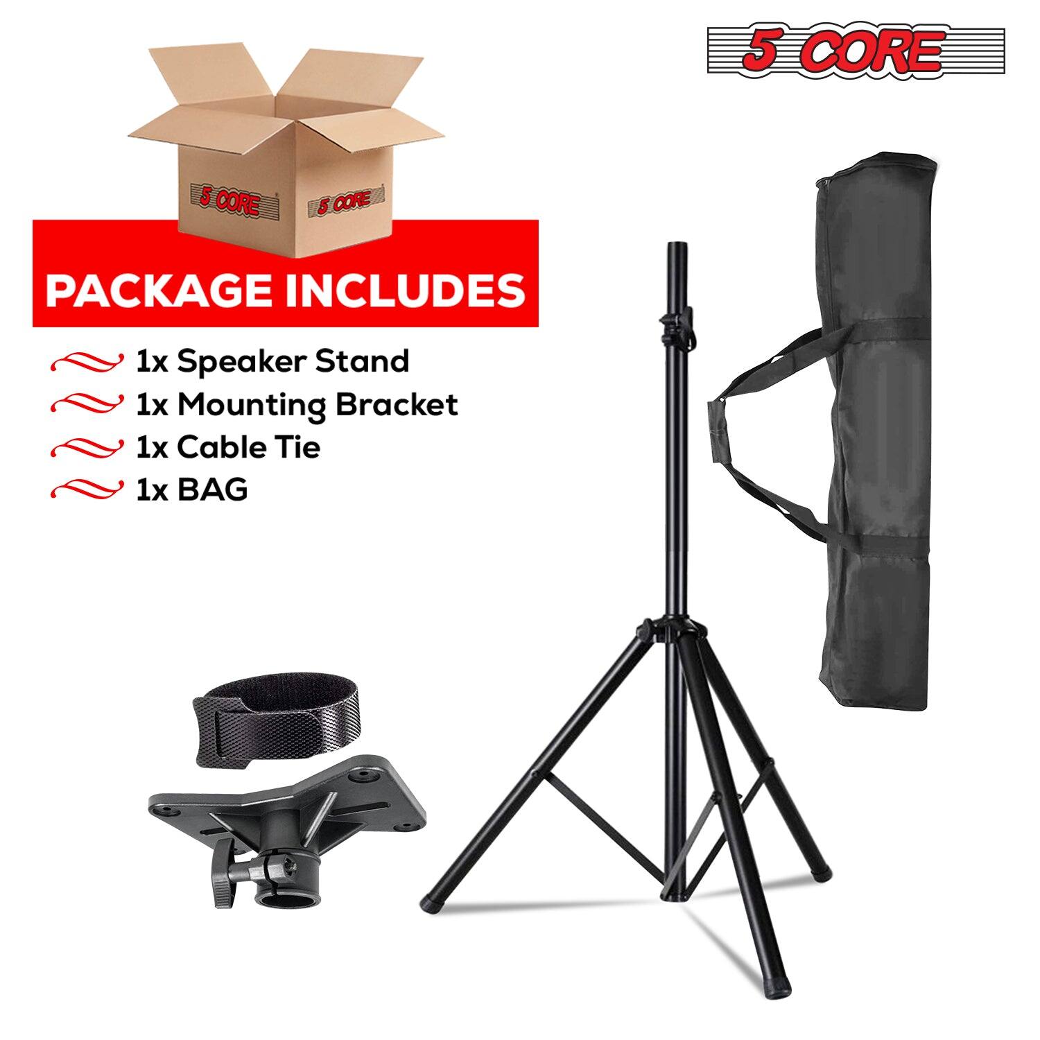 The corrected text from the image is:

"PACKAGE INCLUDES
1x Speaker Stand
1x Mounting Bracket
1x Cable Tie
1x BAG"