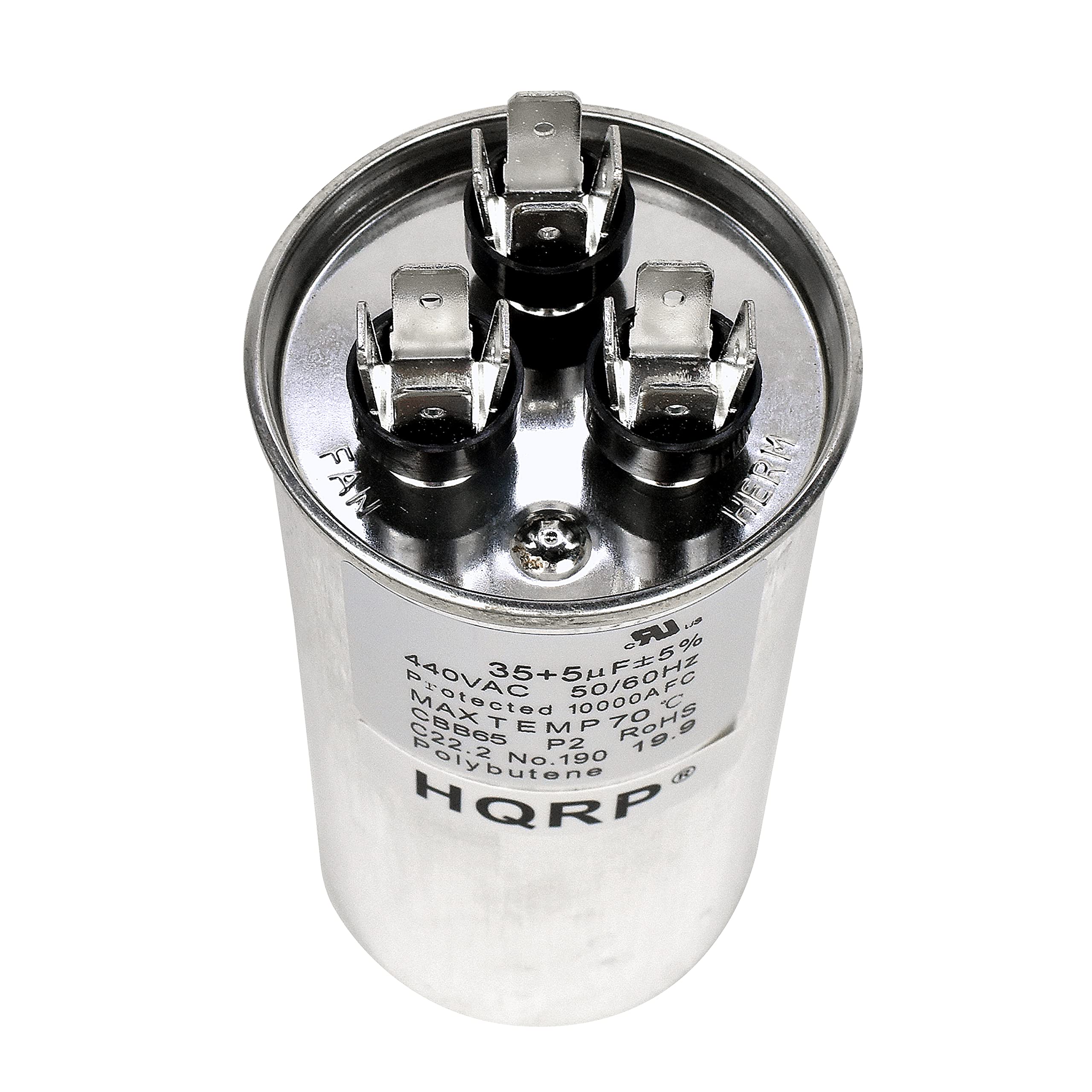 $ HERM - LR. 440VAC 35+5µF 50/60Hz F5% MAX MAXTEMP protected NOOO TO C CBB65 EMP M P2 ROHS 19.9 No.190 slybutone aO HORP

440VAC 35+5µF ±5% 50/60Hz
Protected 10000AF
MAX TEMP 70°C
CBB65 EMP P2
ROHS
Polybutene
No.190
HQR P