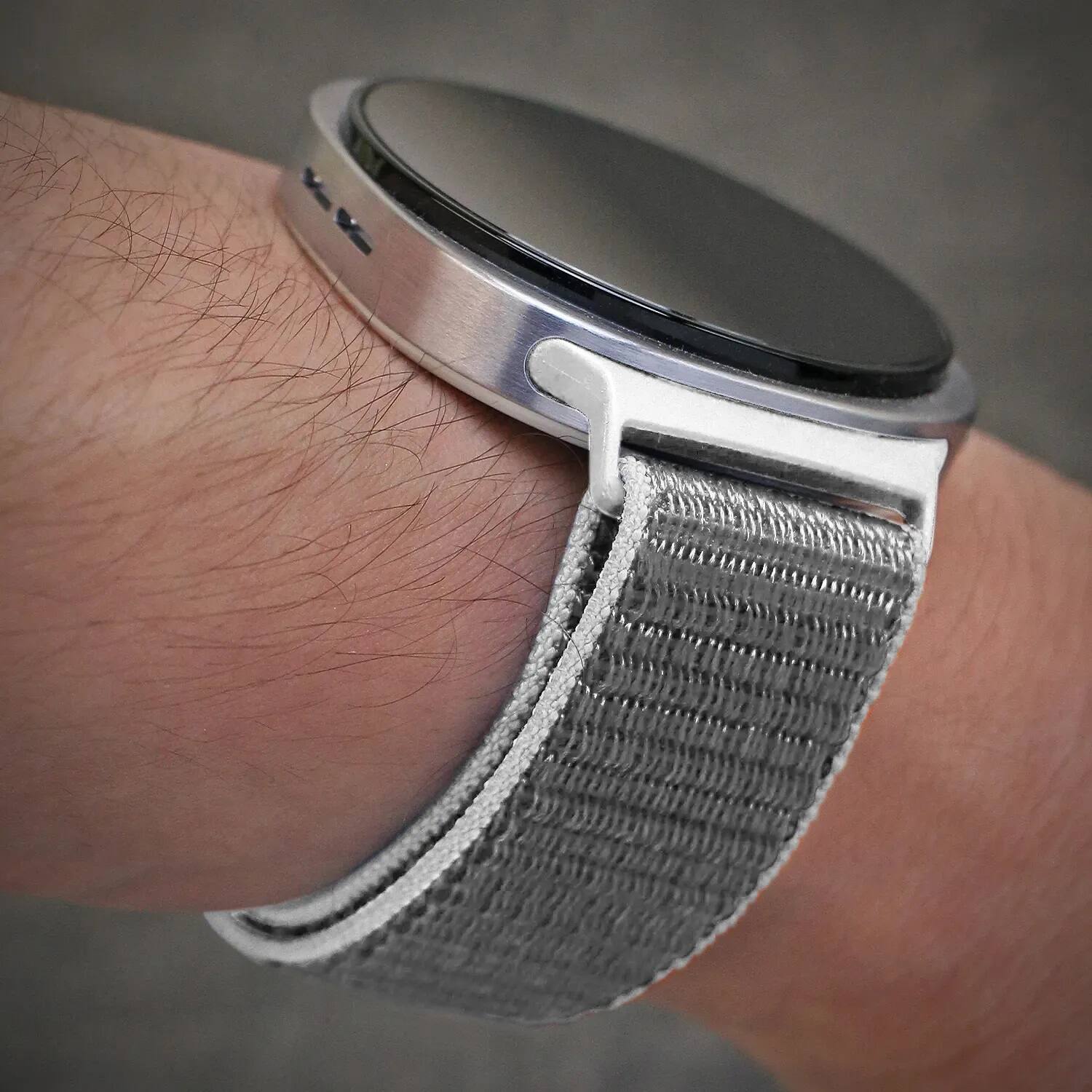 Left. StrapsCo - Nylon Comfort Watch Band Strap For Samsung Galaxy Watch 8 - Grey & white.