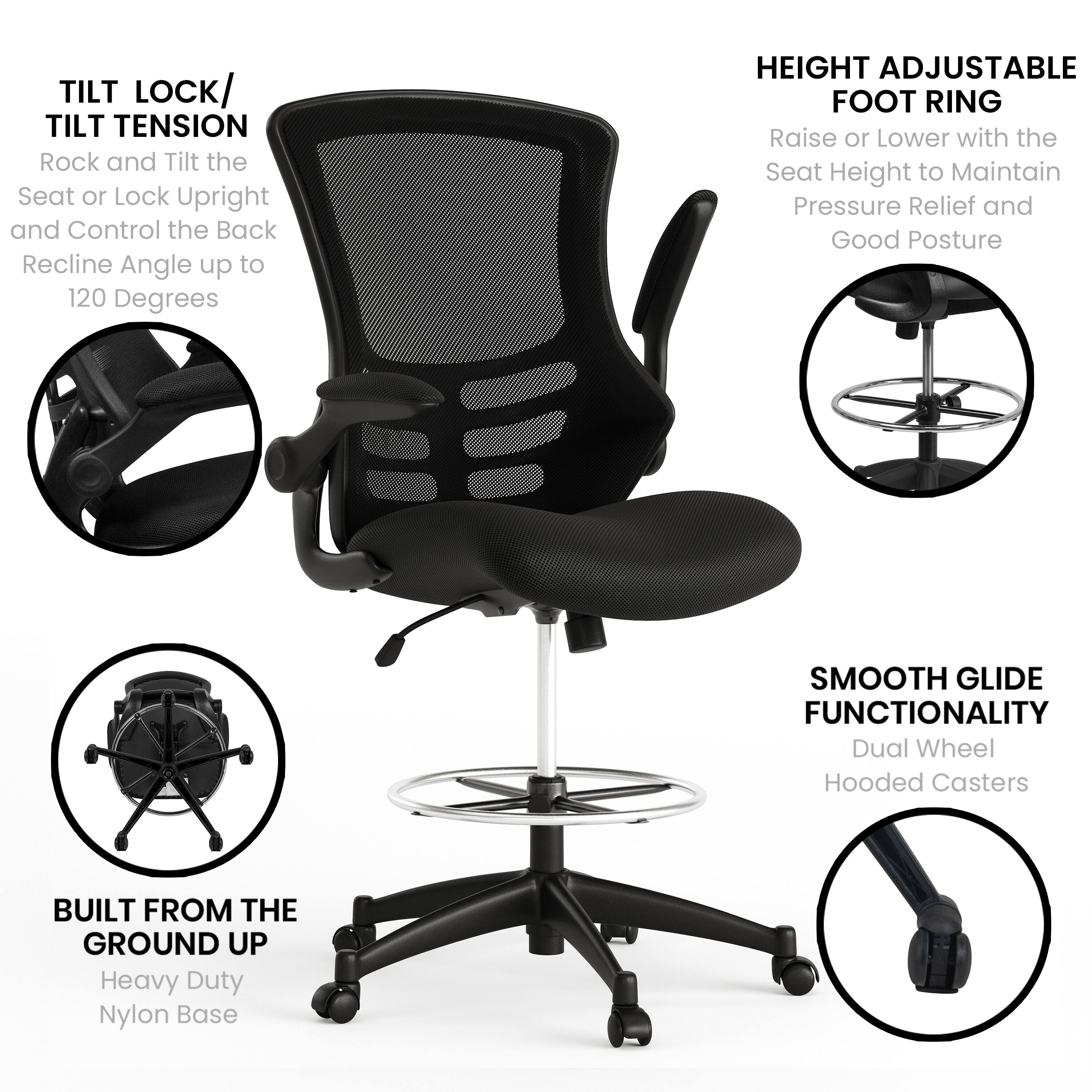 - TILT LOCK/ TILT TENSION: Rock and Tilt the Seat or Lock Upright and Control the Back Recline Angle up to 120 Degrees
- HEIGHT ADJUSTABLE FOOT RING: Raise or Lower with the Seat Height to Maintain Pressure Relief and Good Posture
- SMOOTH GLIDE FUNCTIONALITY: Dual Wheel Hooded Casters
- BUILT FROM THE GROUND UP: Heavy Duty Nylon Base