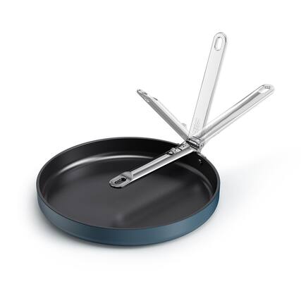 Front. Joseph Joseph - Space Ceramic Non-stick 12" Shallow Fry Pan with Folding Handle - Blue.