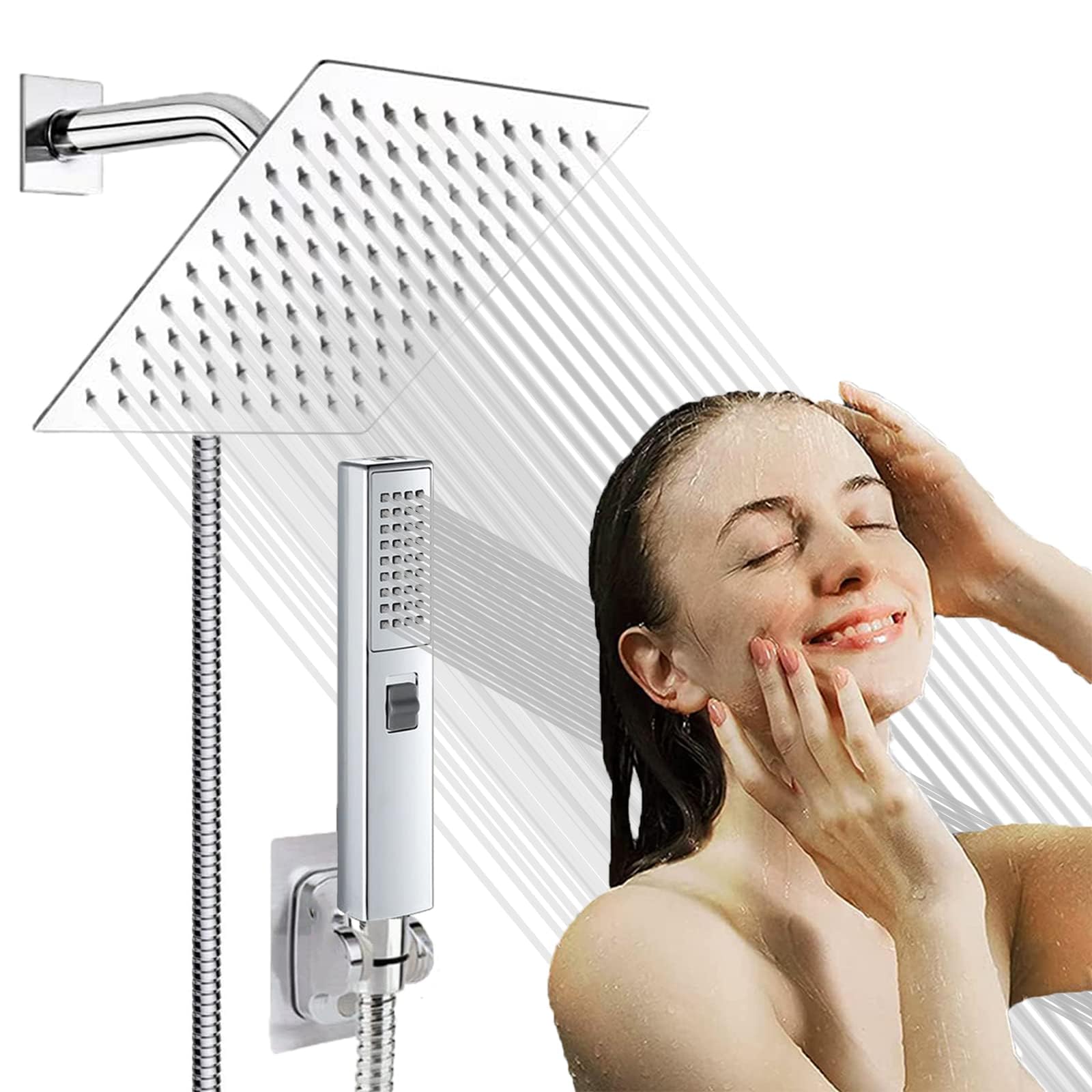 Paradigms Interiors - Dual Shower Heads With Handheld Spray Combo High Square Rain Head Hose Stainless 3 way Diverter Anti clog N - Chrome-6 Inch