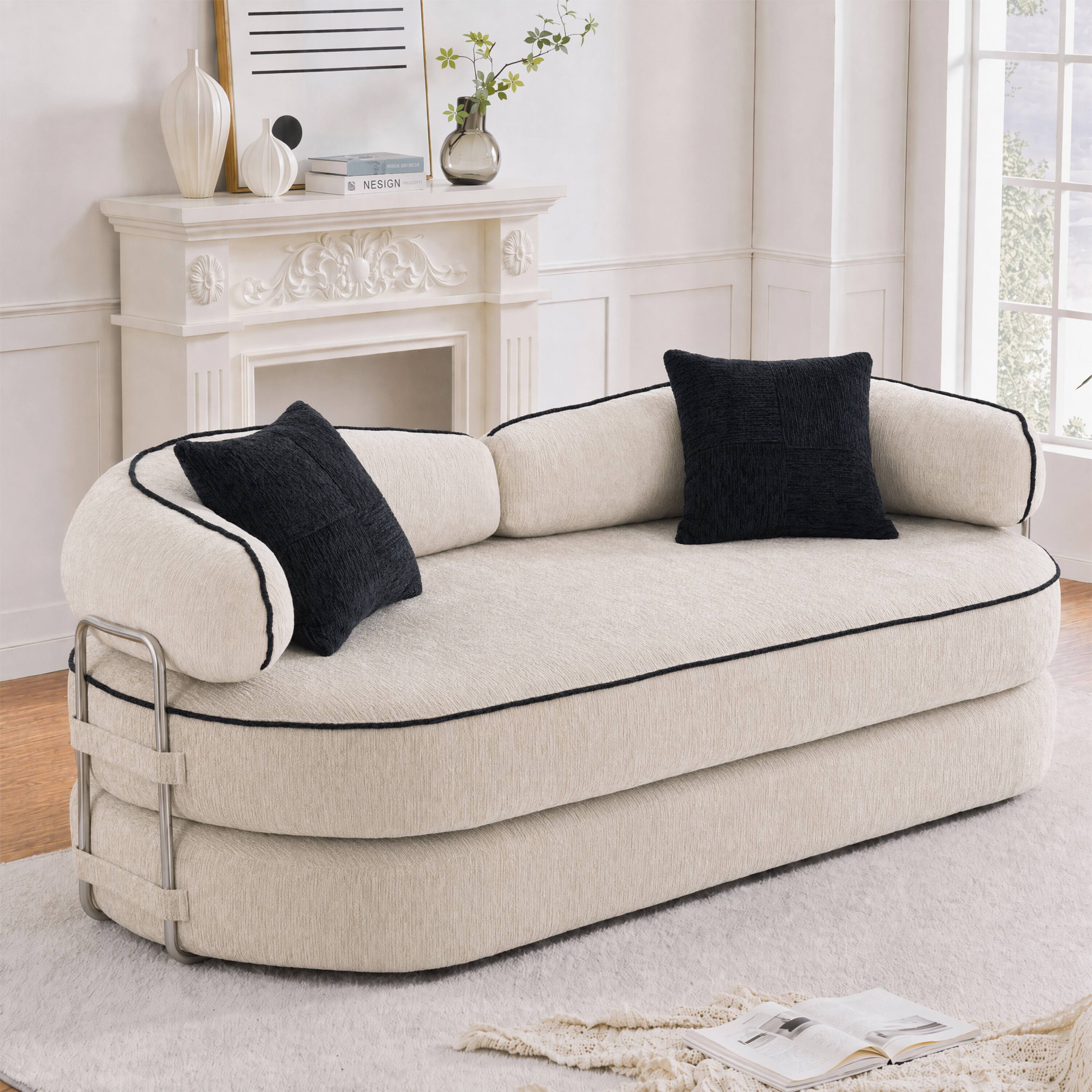 Angle. Vipbear - Curved Loveseat with 4 Pillows, Modern Boneless Couch, Convertible Sleeper Sofa Bed - Khaki.