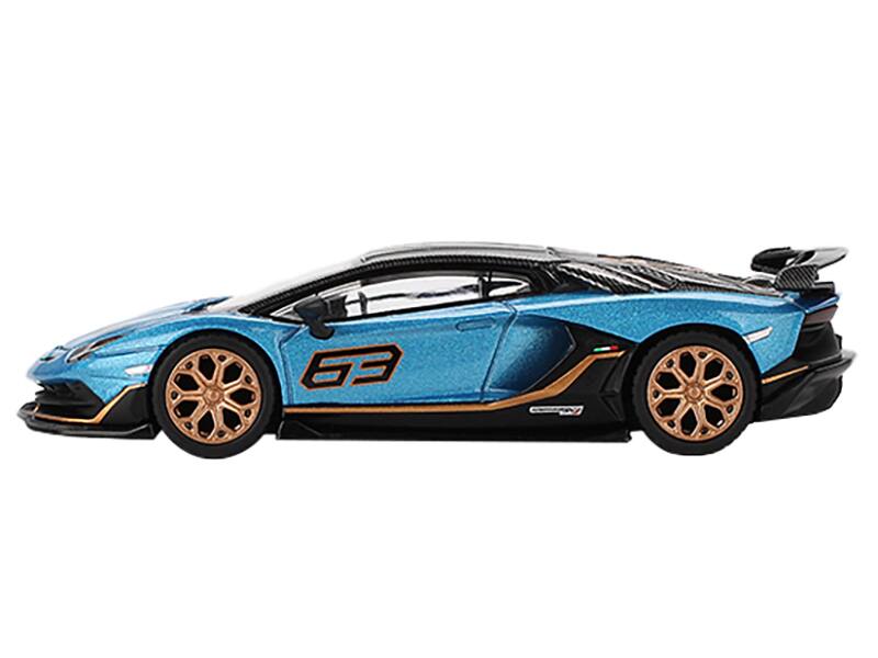 Angle. Mini GT - Lamborghini Aventador SVJ 63 Blu Aegir Blue Metallic with Carbon Top Limited Edition 1/64 Diecast Model Car by Mini GT - Blue Metallic.