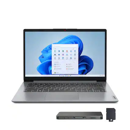 Front. Lenovo - Lenovo Ideapad 1i 14" HD Laptop,Intel Celeron N4500,4GB,128GB eMMC+1TB Dock Set,1 Year Office 365,Win 11 Pro,Gray - Gray.