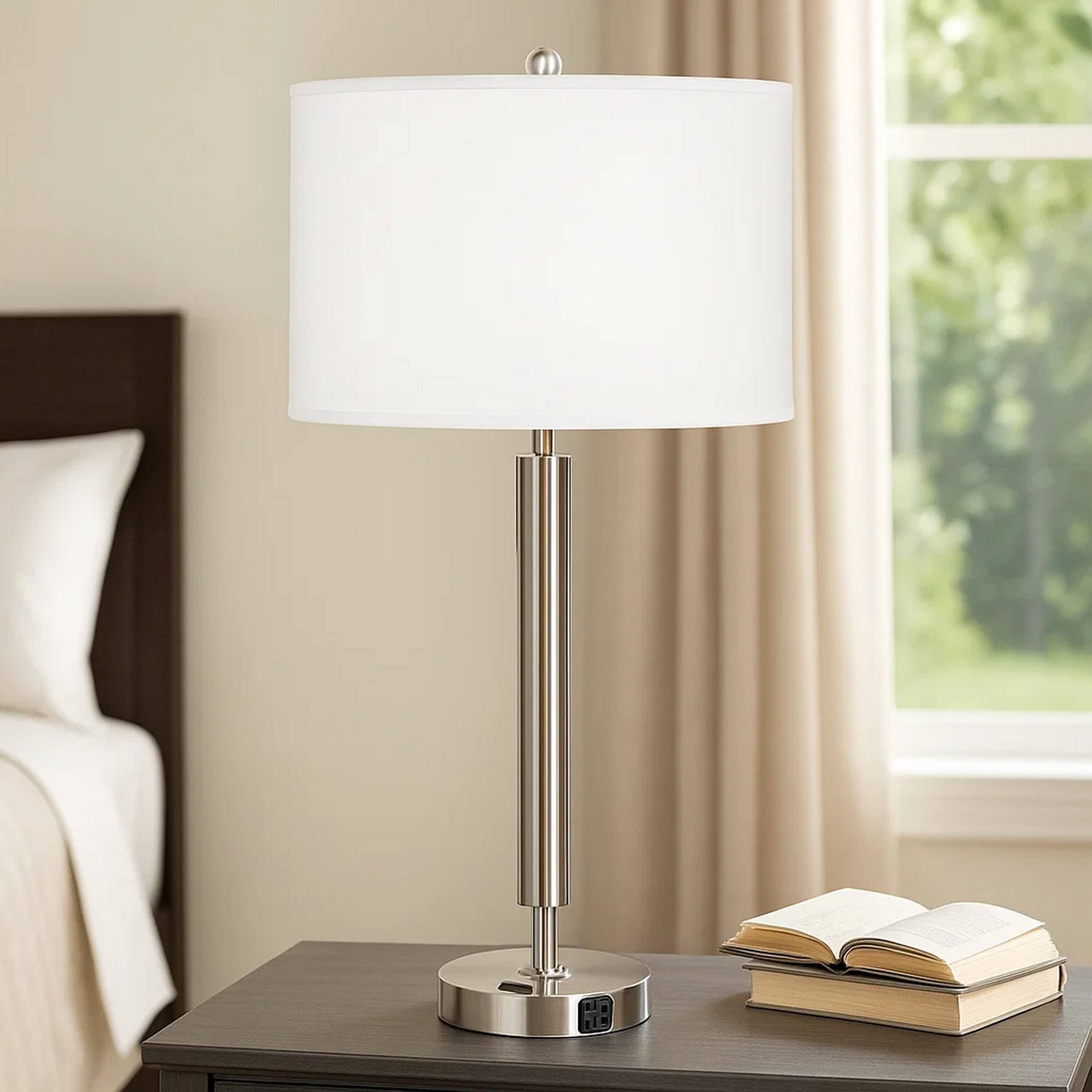 Alt View 3. Manhattan Lane - Metal Table Lamp with Fabric Drum Shade - Silver and White.