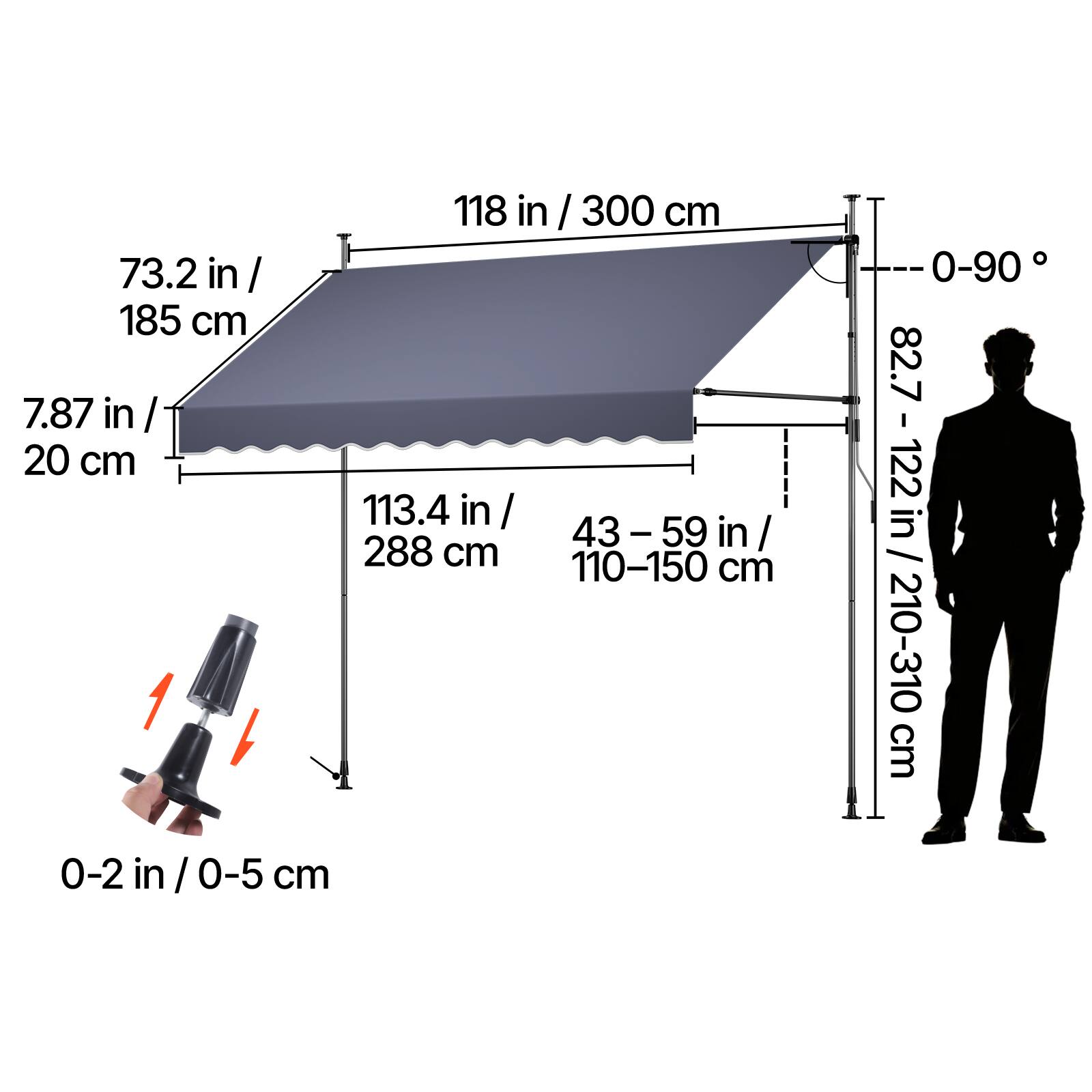 118 in / 300 cm  
73.2 in / 185 cm  
7.87 in / 20 cm  
113.4 in / 288 cm  
43 - 59 in / 110-150 cm  
0-2 in / 0-5 cm  
82.7 - 122 in / 210-310 cm