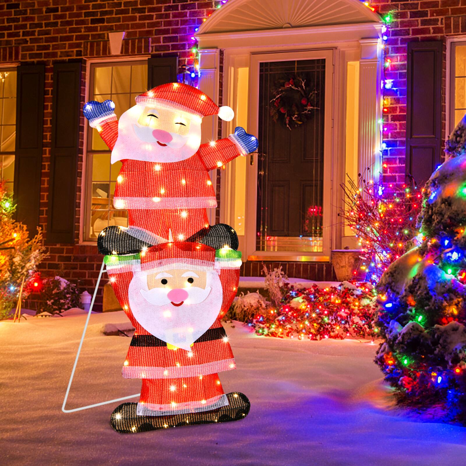 Alt View 2. Costway - Christmas Outdoor LED Double Santa Yard Sign W/ String Lights & 4 Stakes - Multicolor.