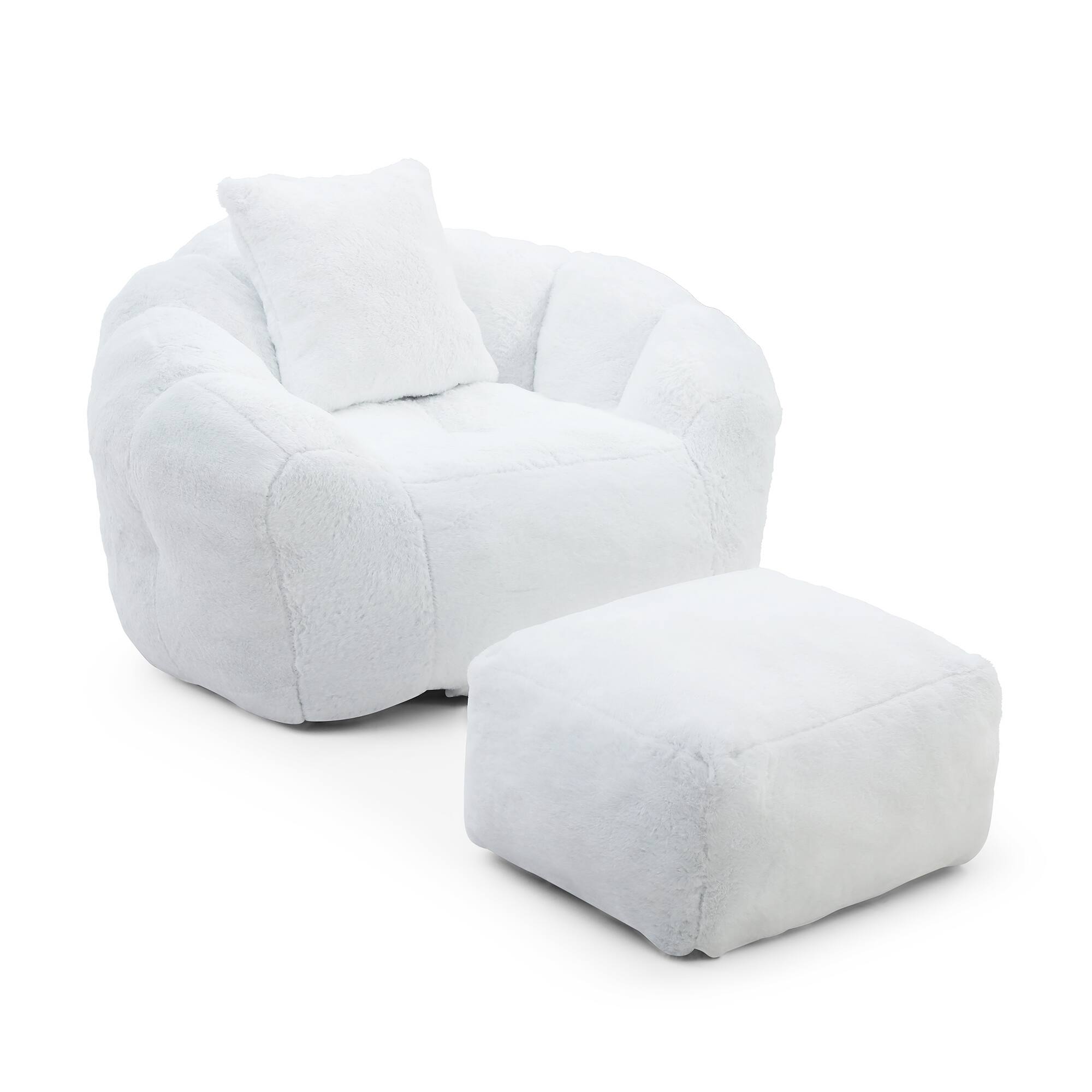 Back. GOODSILO - Oversized Shell-Shaped Faux Fur Bean Bag Chair with Matching Footstool for Living Room and Bedroom Lounging - White.