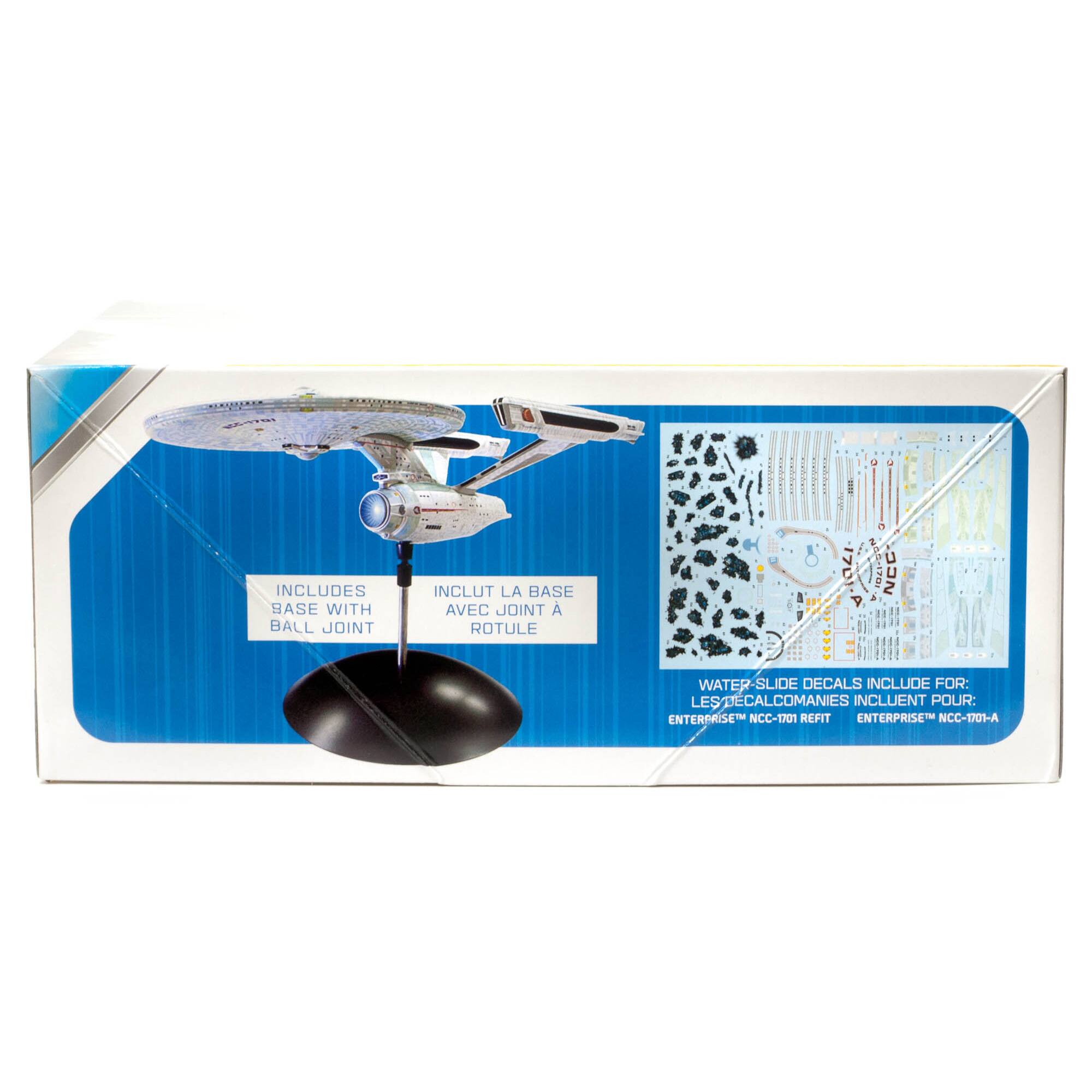 The text on the image reads: "Includes base with ball joint. Inclut la base avec joint. Inclut pour: Enterprise NCC-1701 Refit. Enterprise NCC-1701-A."