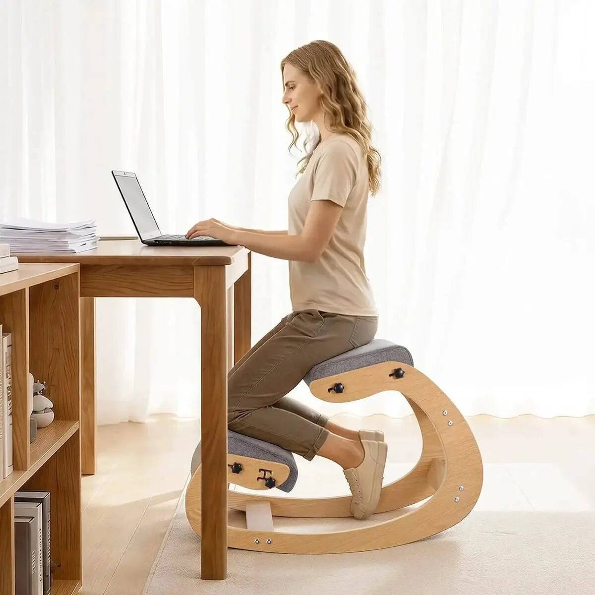 Alt View 4. VEVOR - Ergonomic Kneeling Chair Adjustable Height Gray Wood Frame Rocking Base for Posture & Back Pain Relief - Gray.