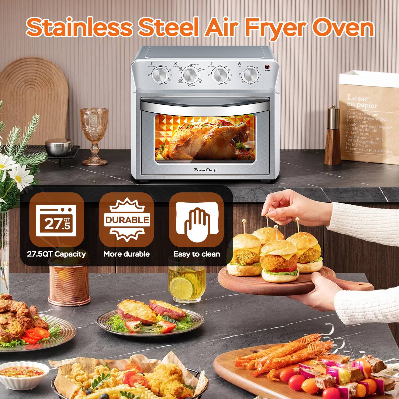 Stainless Steel Air Fryer Oven

- 27.5QT Capacity
- More durable
- Easy to clean

Le sac en papier
- 100% recyclable
- 100% compostable
- 100% biodegradable
- 100% écologique
- 100% respectueux de l'environnement