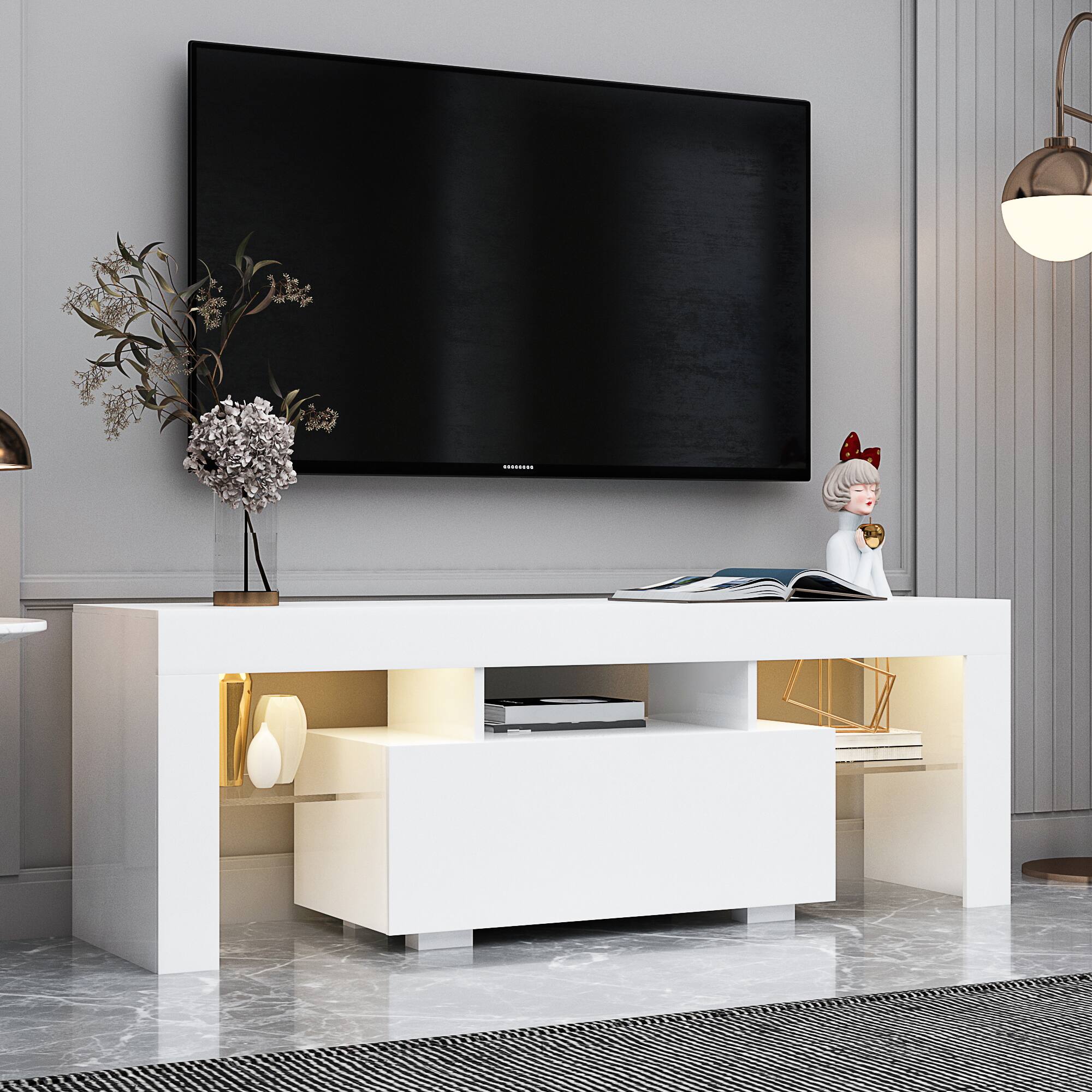 Angle. GOODSILO - Modern Entertainment Center with LED Lights, Fits Up to 50 Inch TVs - White.