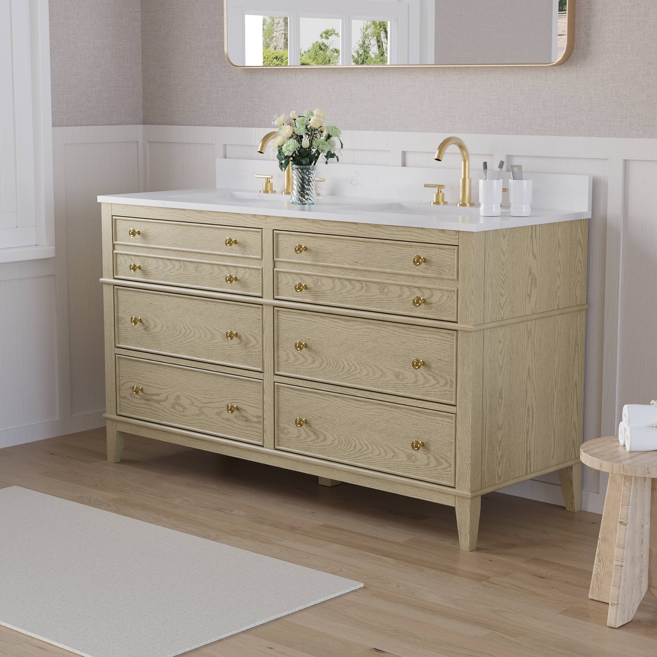 Alt View 2. WELLFOR - MEGAN 60 in. Freestanding Solid Wood Bath Vanity with Quartz Top, Double Sink, Soft Close, Assembled - OAK.