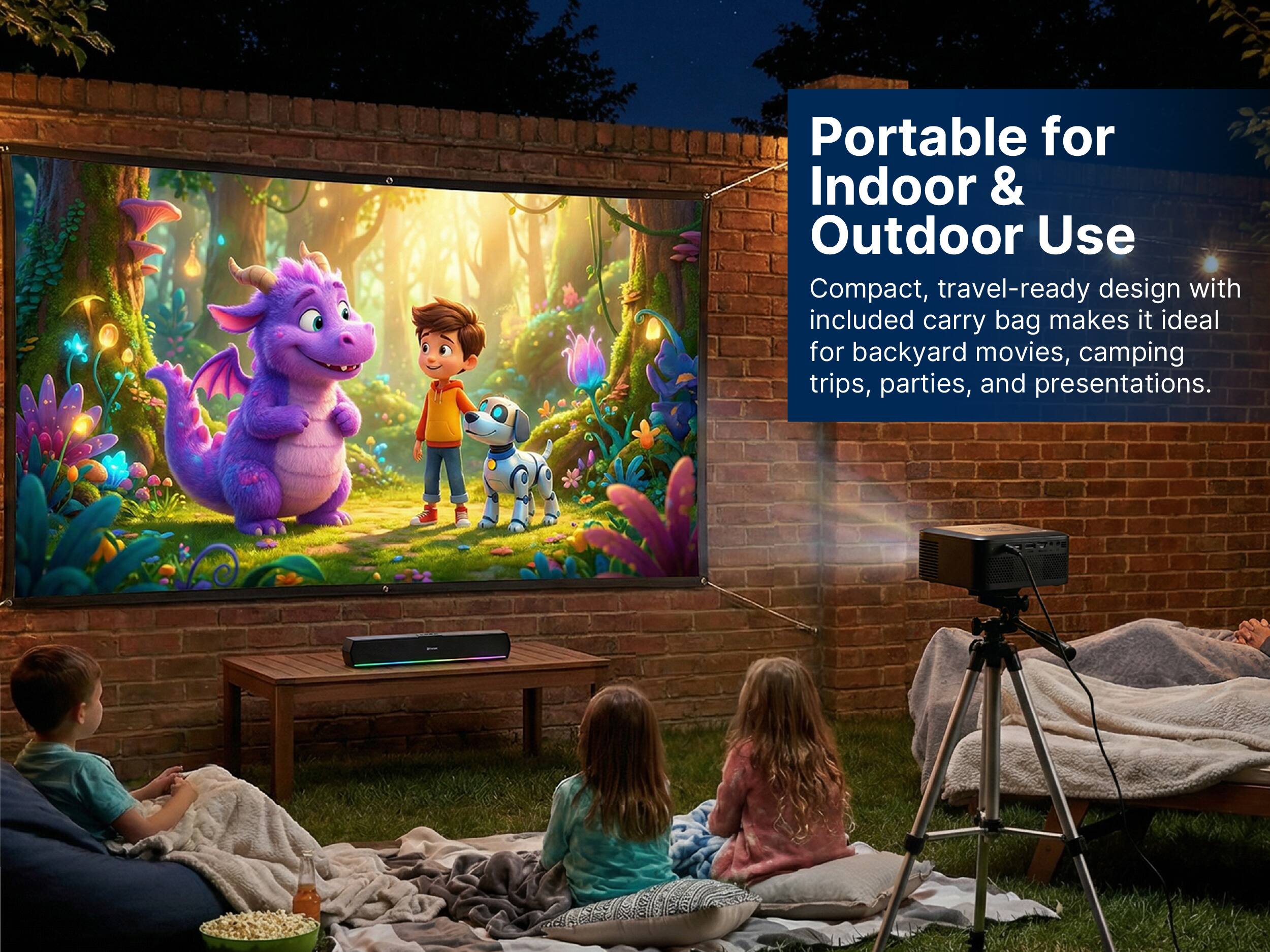 Portable for Indoor & Outdoor Use  
Compact, travel-ready design with included carry bag makes it ideal for backyard movies, camping trips, parties, and presentations.